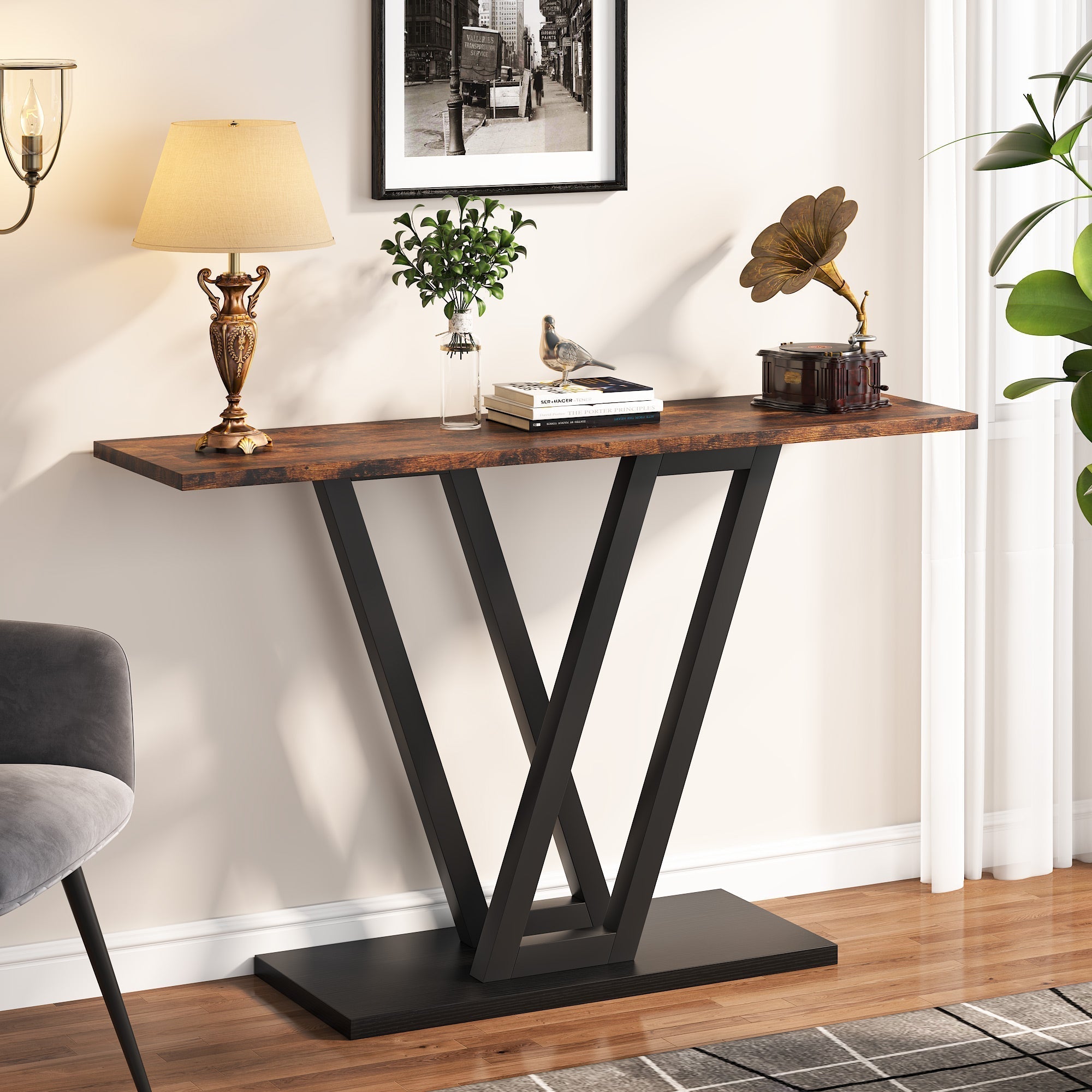 Stolik konsolowy 110 cm – wąski stolik do przedpokoju z metalową ramą do salonu i przedpokoju