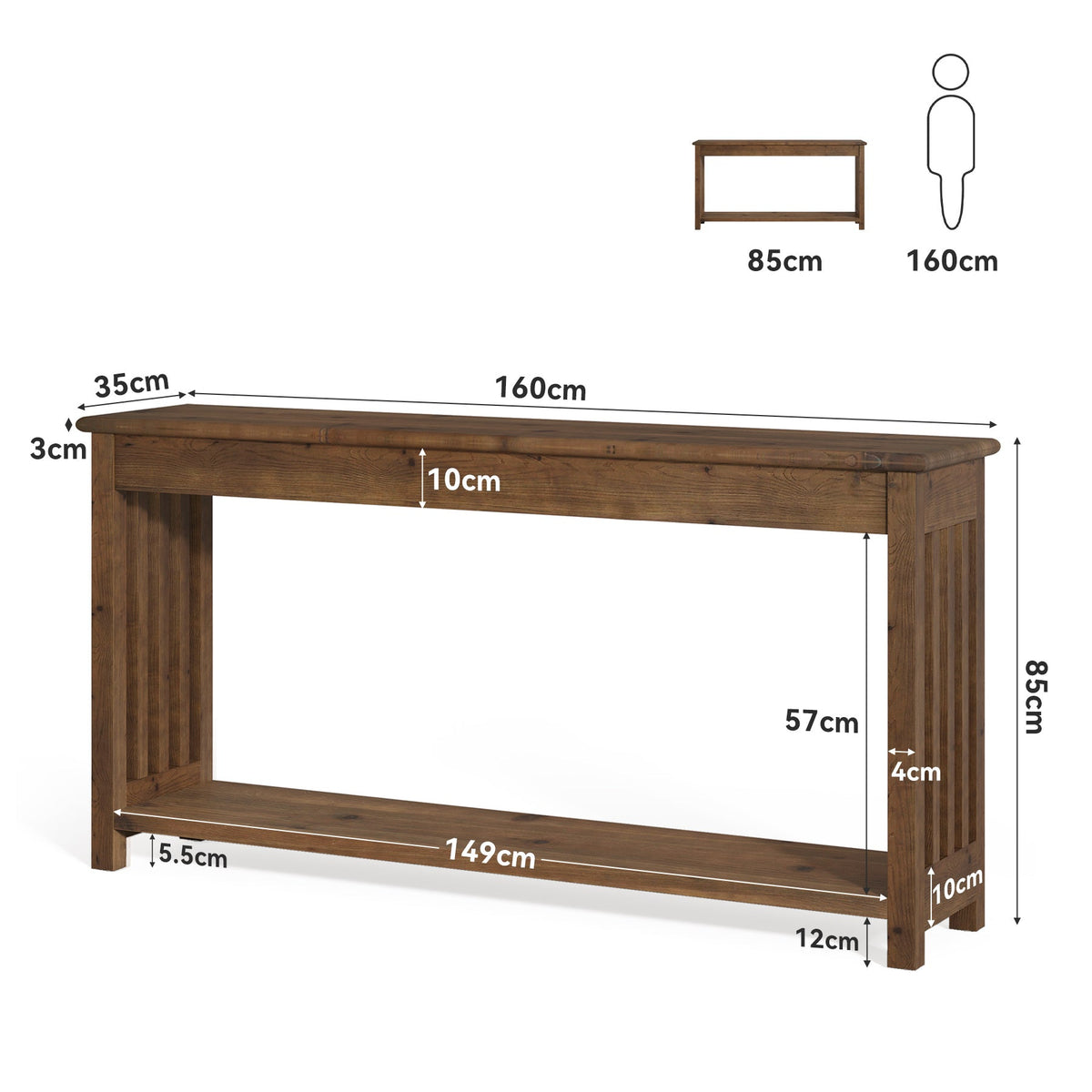 Stolik konsolowy z litego drewna 160 cm – 2-poziomowy stolik za sofę do przedpokoju i salonu