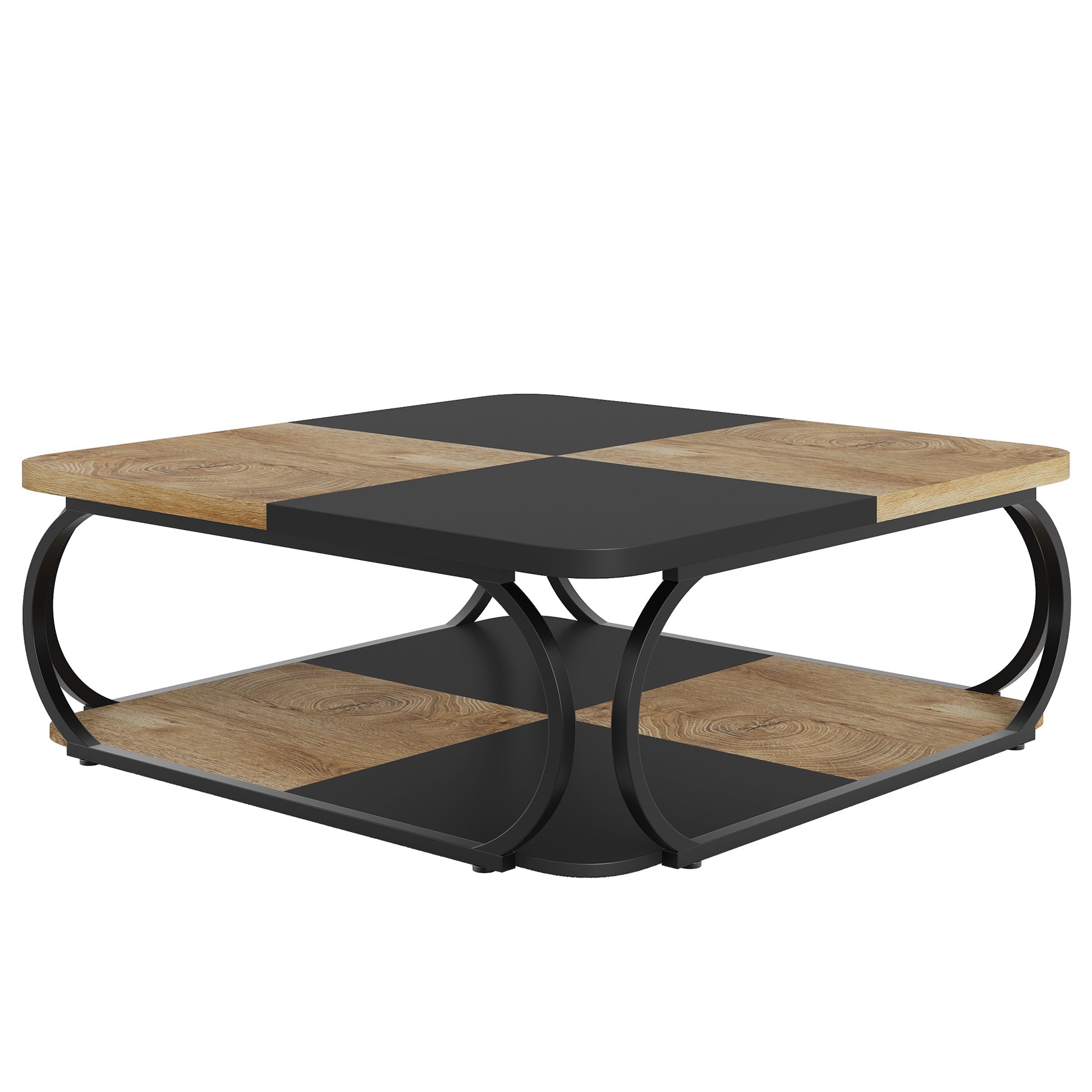 Kwadratowy stolik kawowy 100 x 100 x 50 cm – 2-poziomowy stolik centralny z półkami do salonu