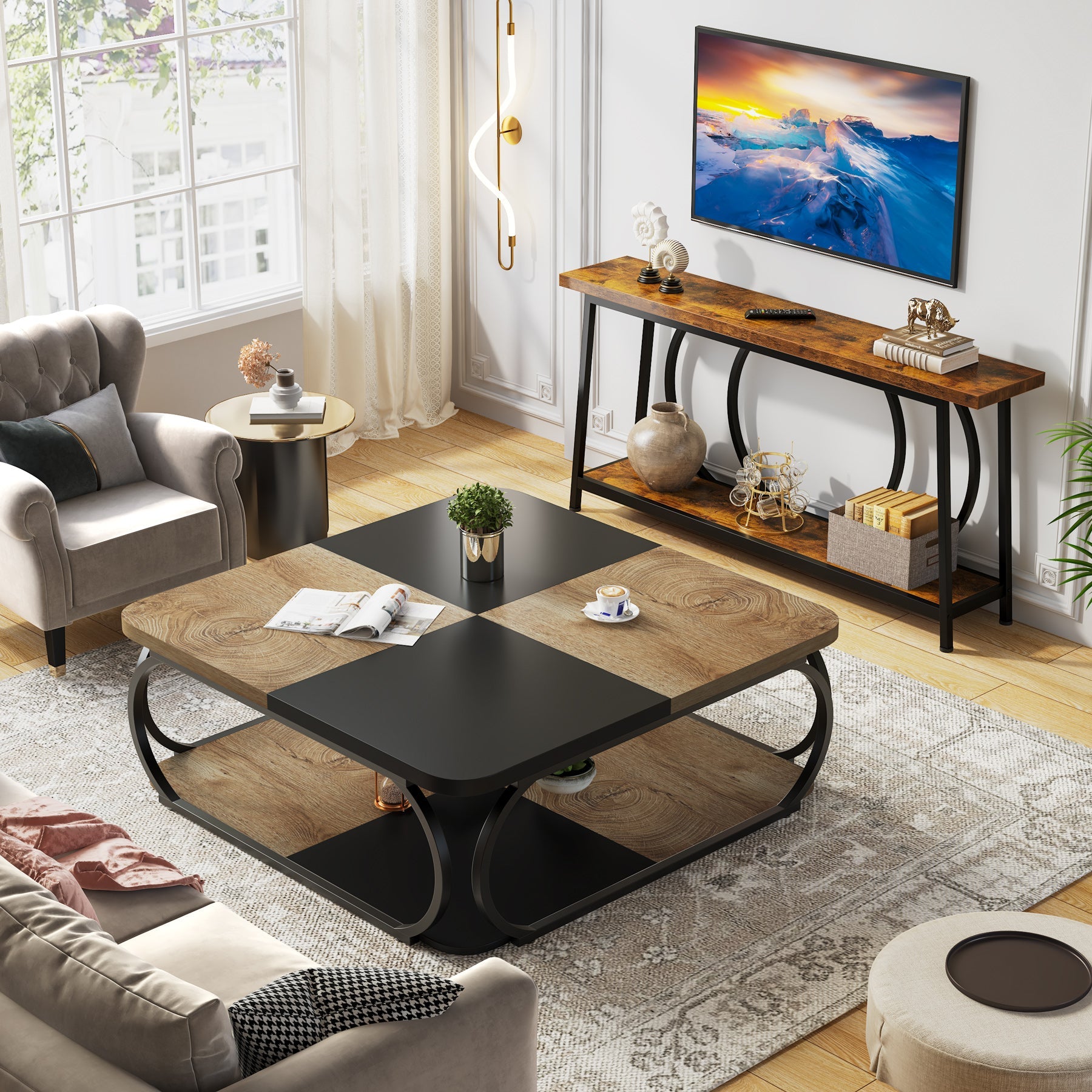 Kwadratowy stolik kawowy 100 x 100 x 50 cm – 2-poziomowy stolik centralny z półkami do salonu