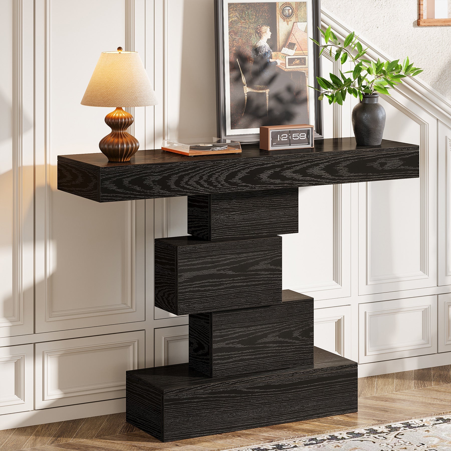 Stolik konsolowy 108 cm – ozdobny stolik za sofę z geometryczną podstawą do przedpokoju