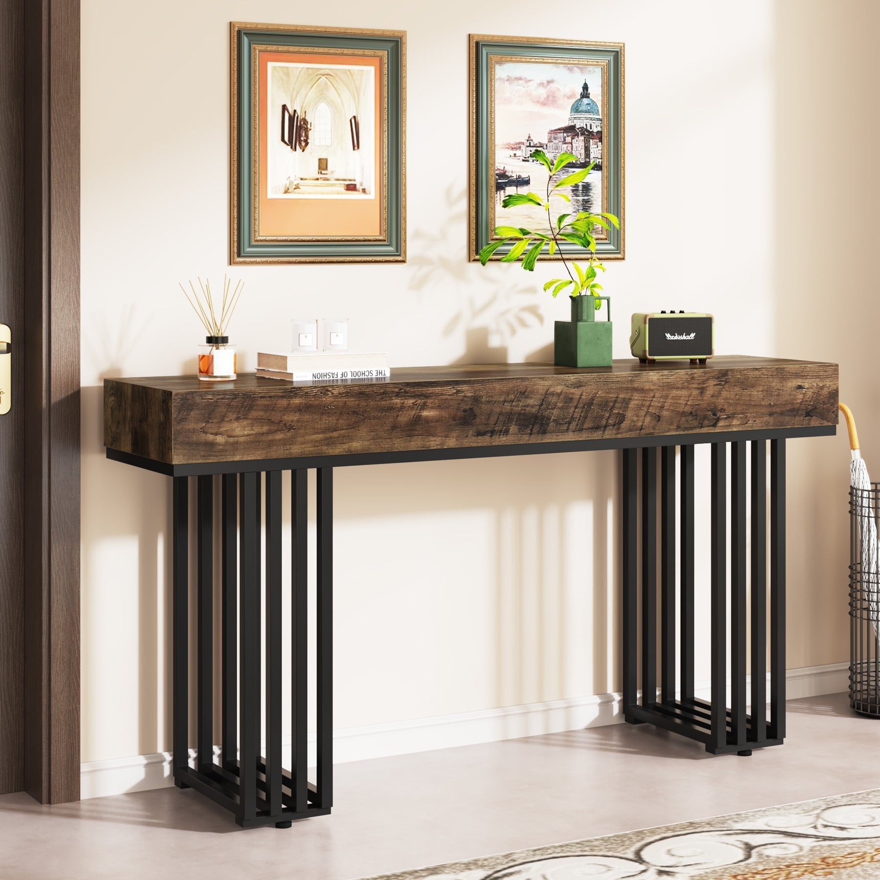 Stolik konsolowy 140 cm w stylu industrialnym – stolik do przedpokoju z metalowymi nogami do salonu