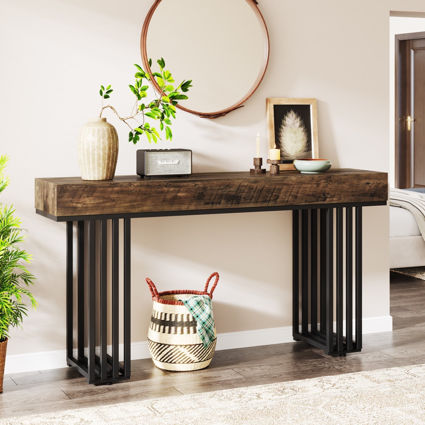 Stolik konsolowy 140 cm w stylu industrialnym – stolik do przedpokoju z metalowymi nogami do salonu