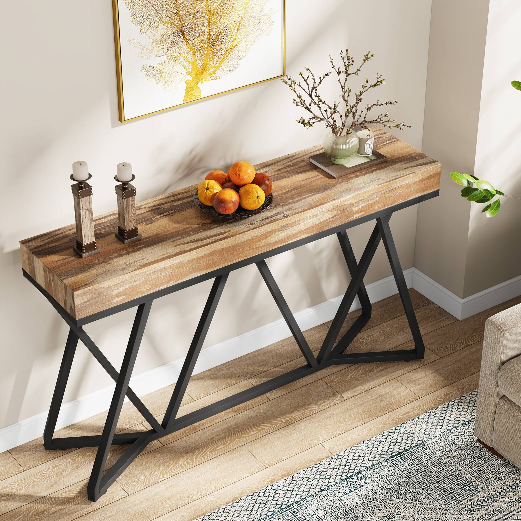 Stolik konsolowy 140 cm – stolik w stylu farmhouse do przedpokoju i salonu z unikalną metalową podstawą