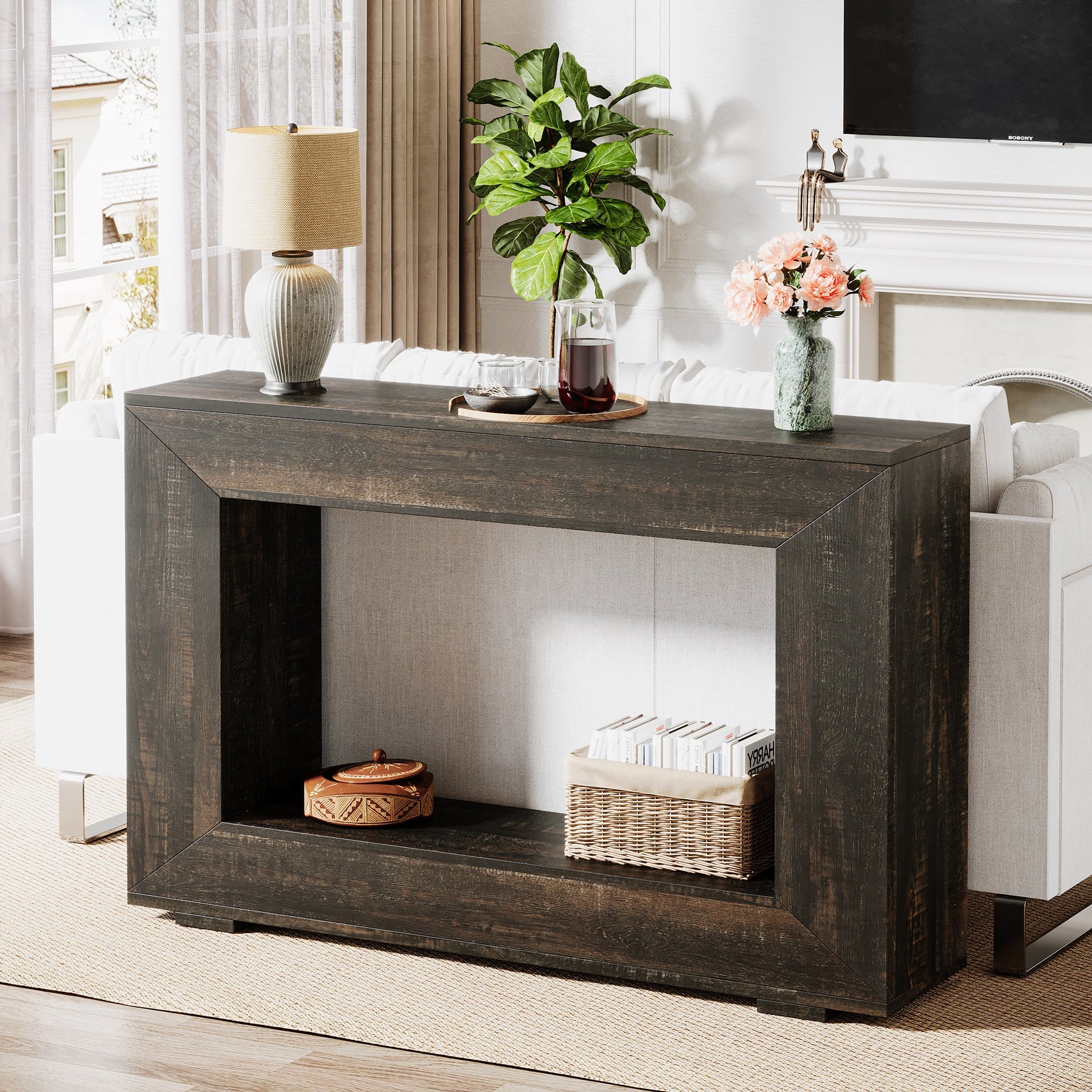 Stolik konsolowy 120 cm w stylu farmhouse – stolik do przedpokoju z miejscem do przechowywania