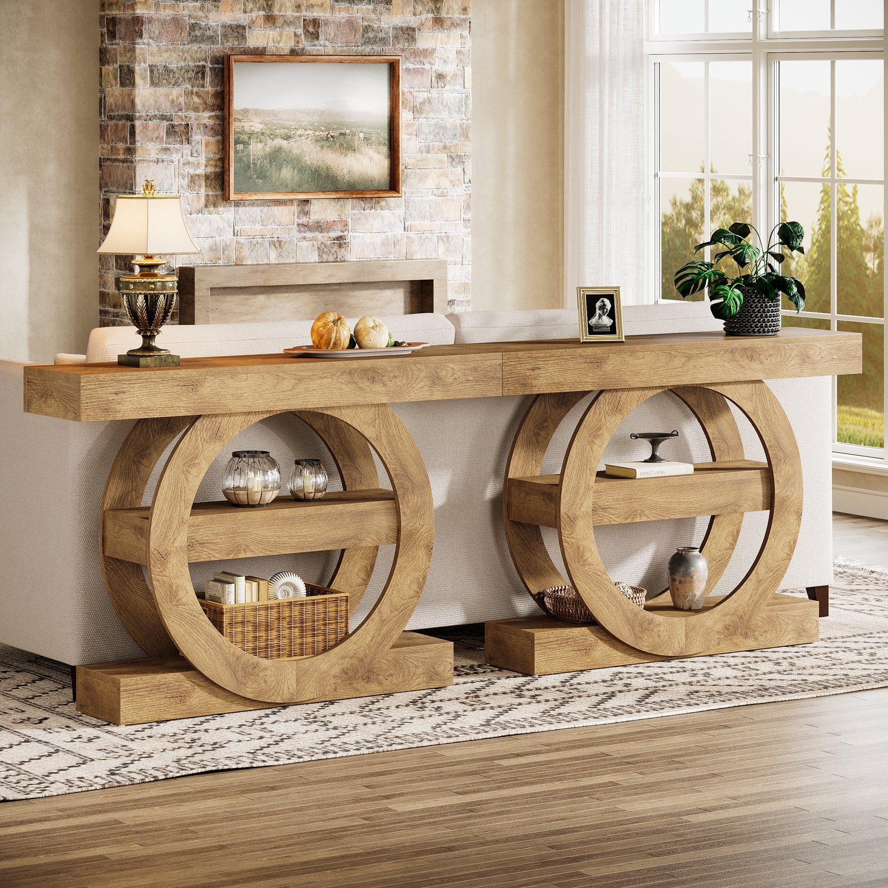 Stolik konsolowy 105 cm w stylu farmhouse z półkami – 3-poziomowy, do przedpokoju i salonu