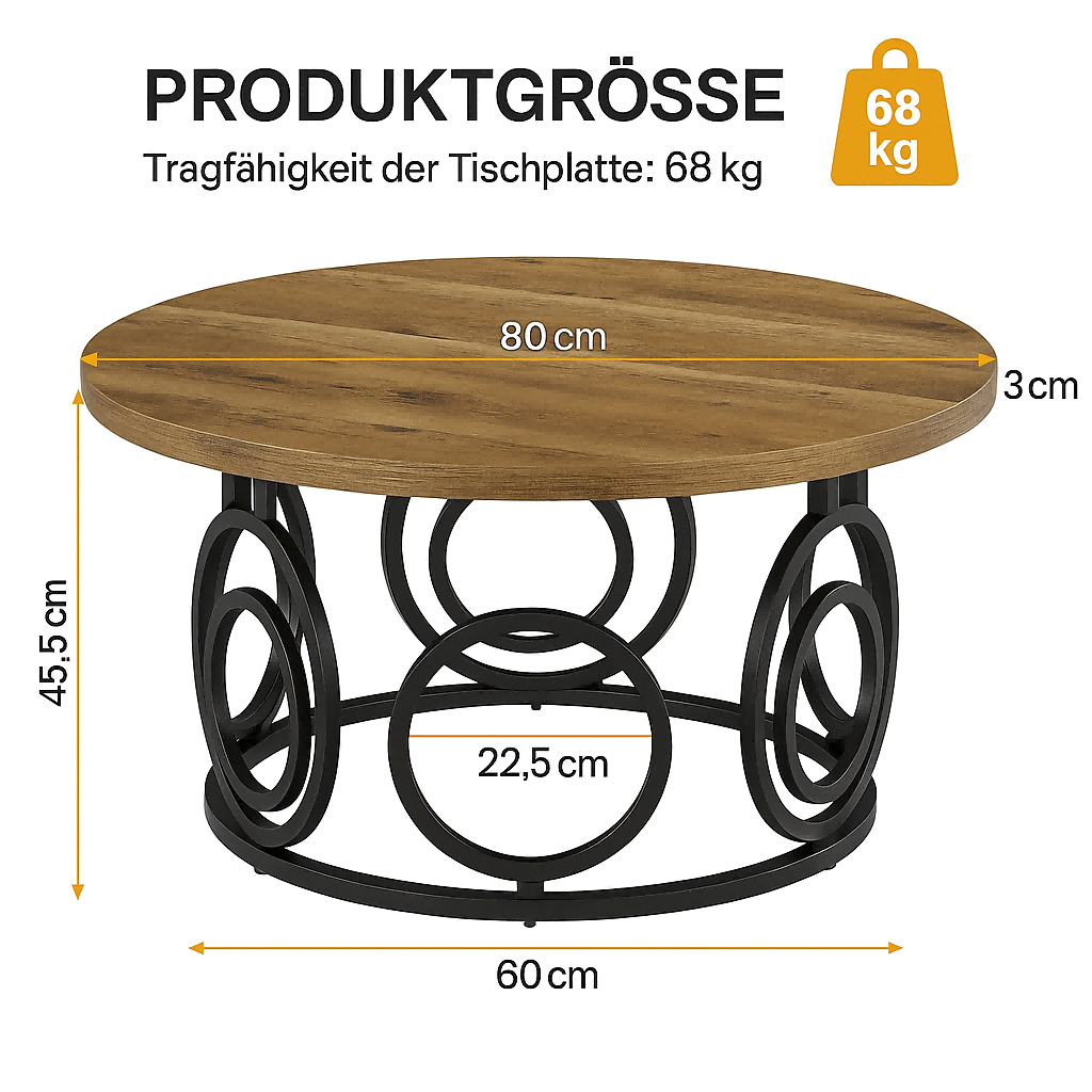 Okrągły stolik kawowy 80 x 80 x 45 cm – stolik centralny z metalową podstawą do salonu