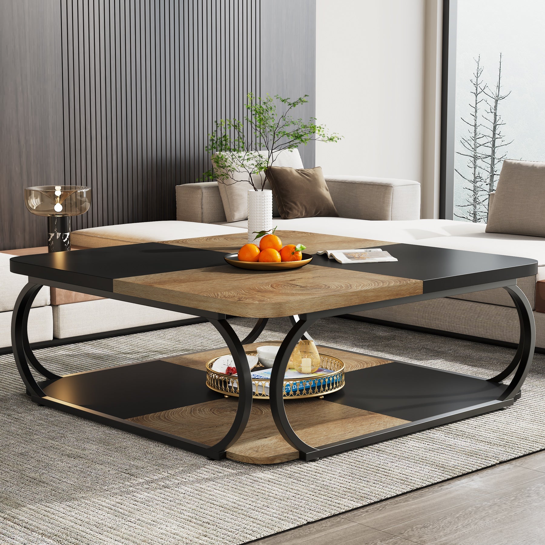 Kwadratowy stolik kawowy 100 x 100 x 50 cm – 2-poziomowy stolik centralny z półkami do salonu