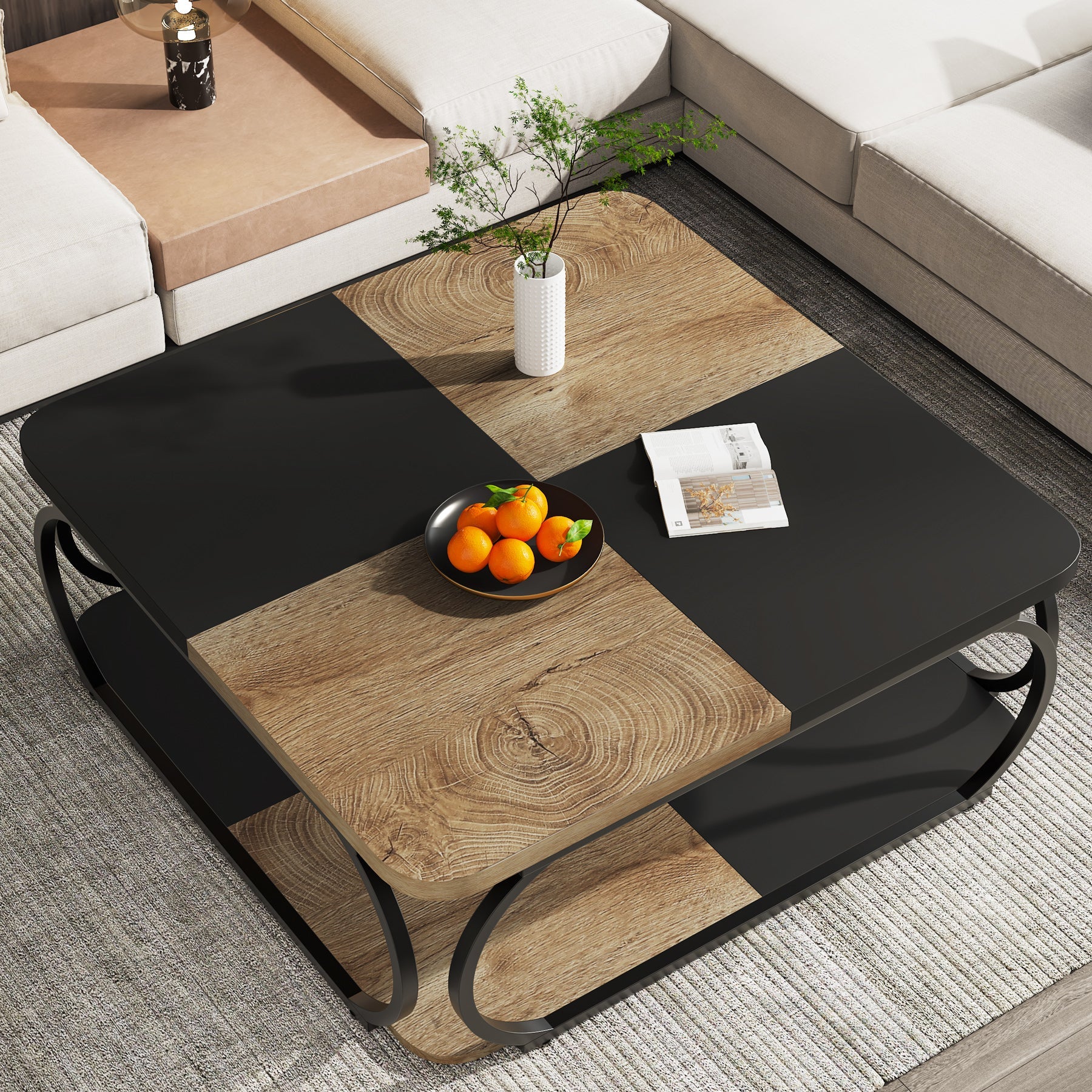 Kwadratowy stolik kawowy 100 x 100 x 50 cm – 2-poziomowy stolik centralny z półkami do salonu