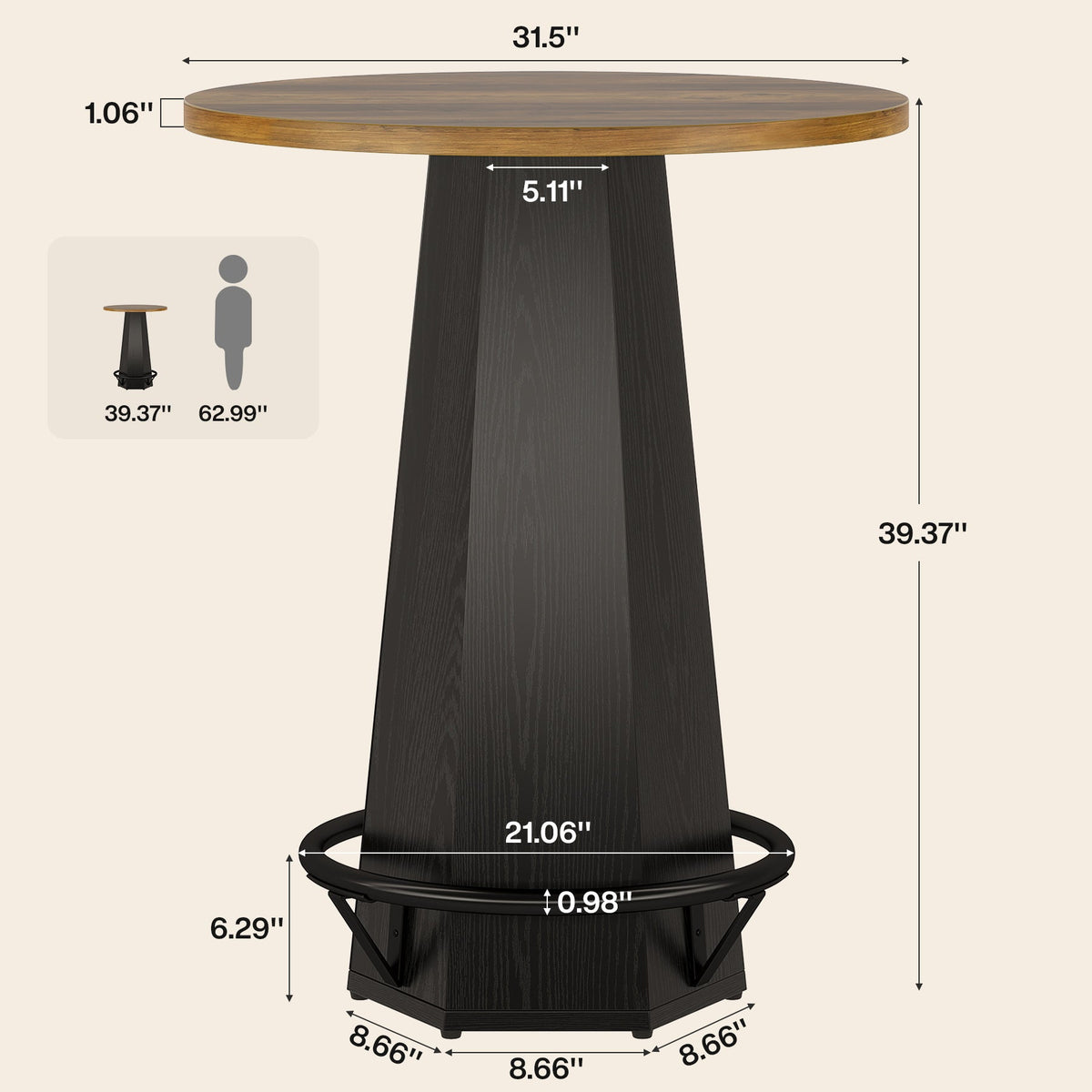 Okrągły stolik barowy, wysokość 100 cm – stolik bistro/pub z metalowym podnóżkiem
