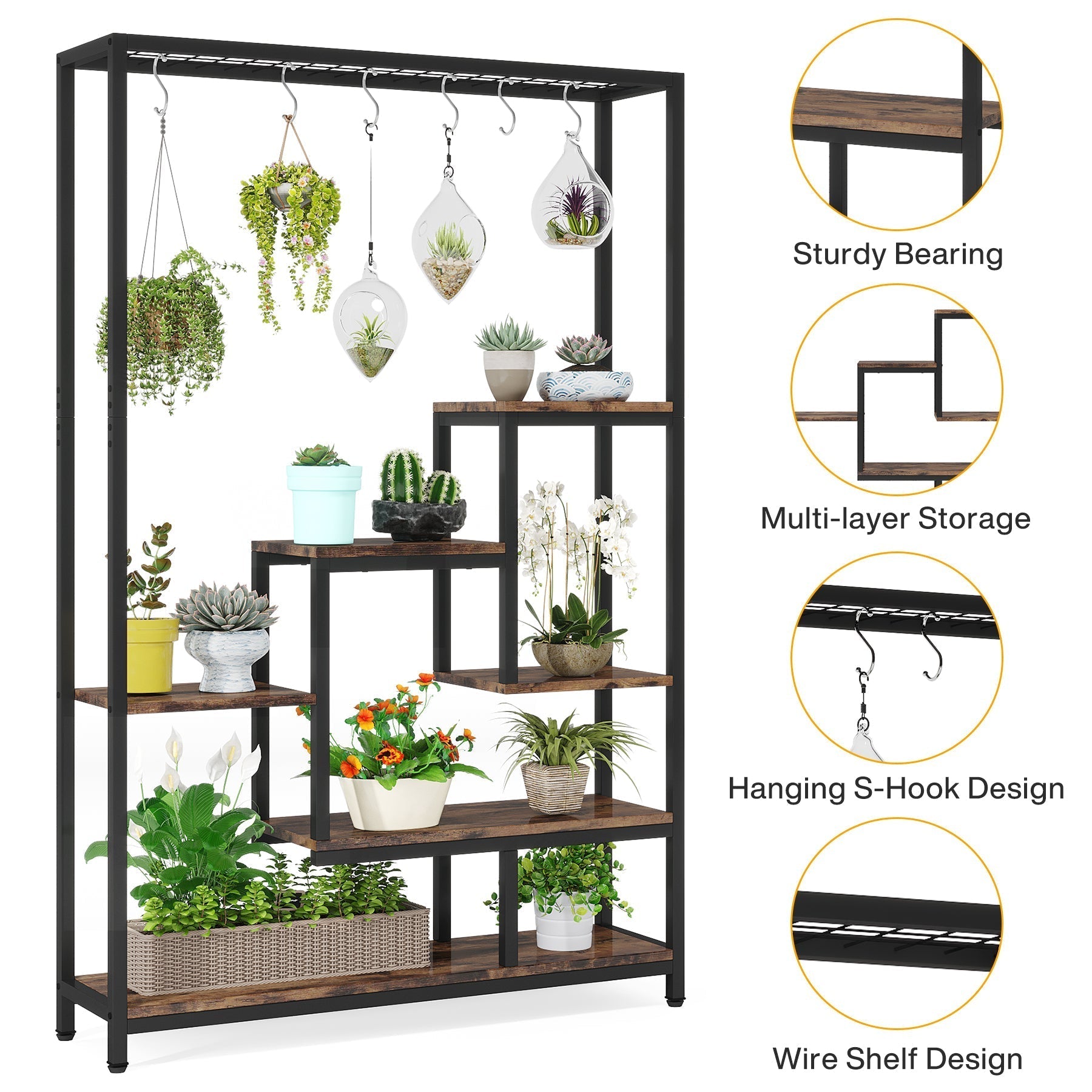 Stojak na rośliny 180 cm – 5-poziomowa półka na kwiaty i bonsai z haczykami w kształcie litery S do wnętrz