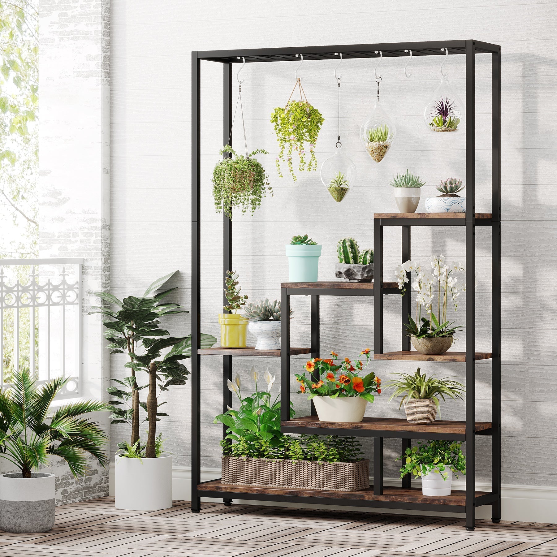 Stojak na rośliny 180 cm – 5-poziomowa półka na kwiaty i bonsai z haczykami w kształcie litery S do wnętrz