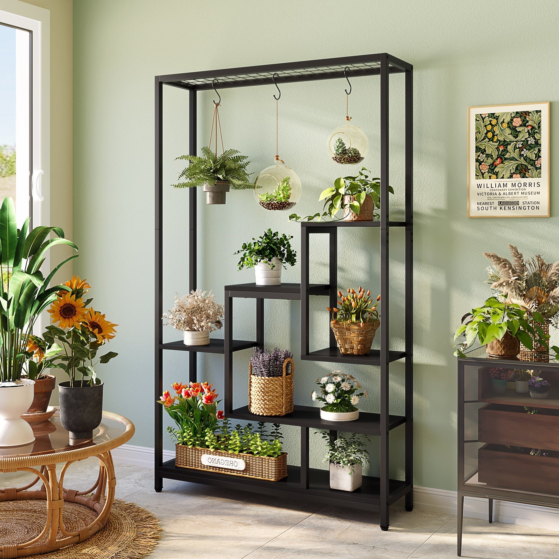 Stojak na rośliny 180 cm – 5-poziomowa półka na kwiaty i bonsai z haczykami w kształcie litery S do wnętrz