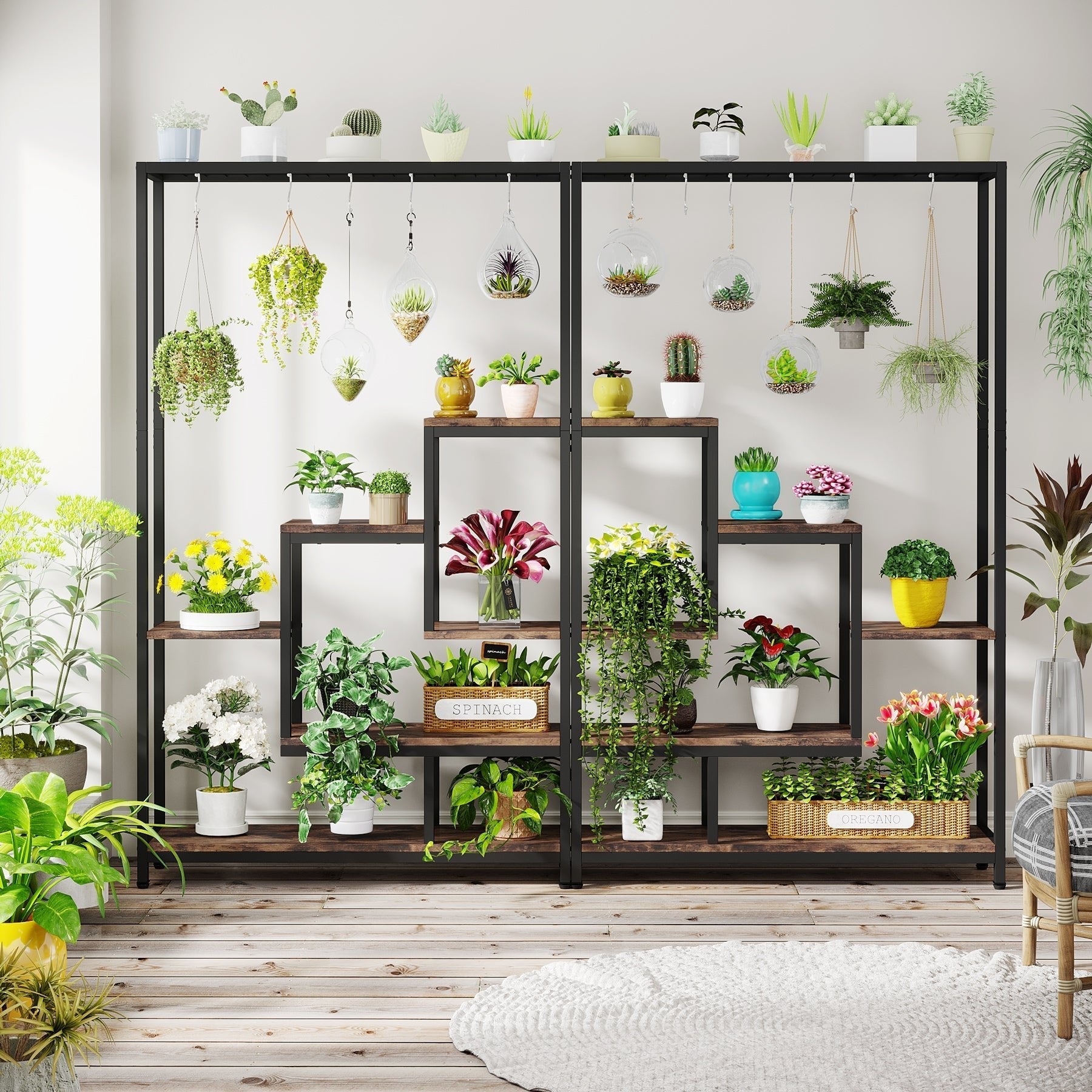 Stojak na rośliny 180 cm – 5-poziomowa półka na kwiaty i bonsai z haczykami w kształcie litery S do wnętrz