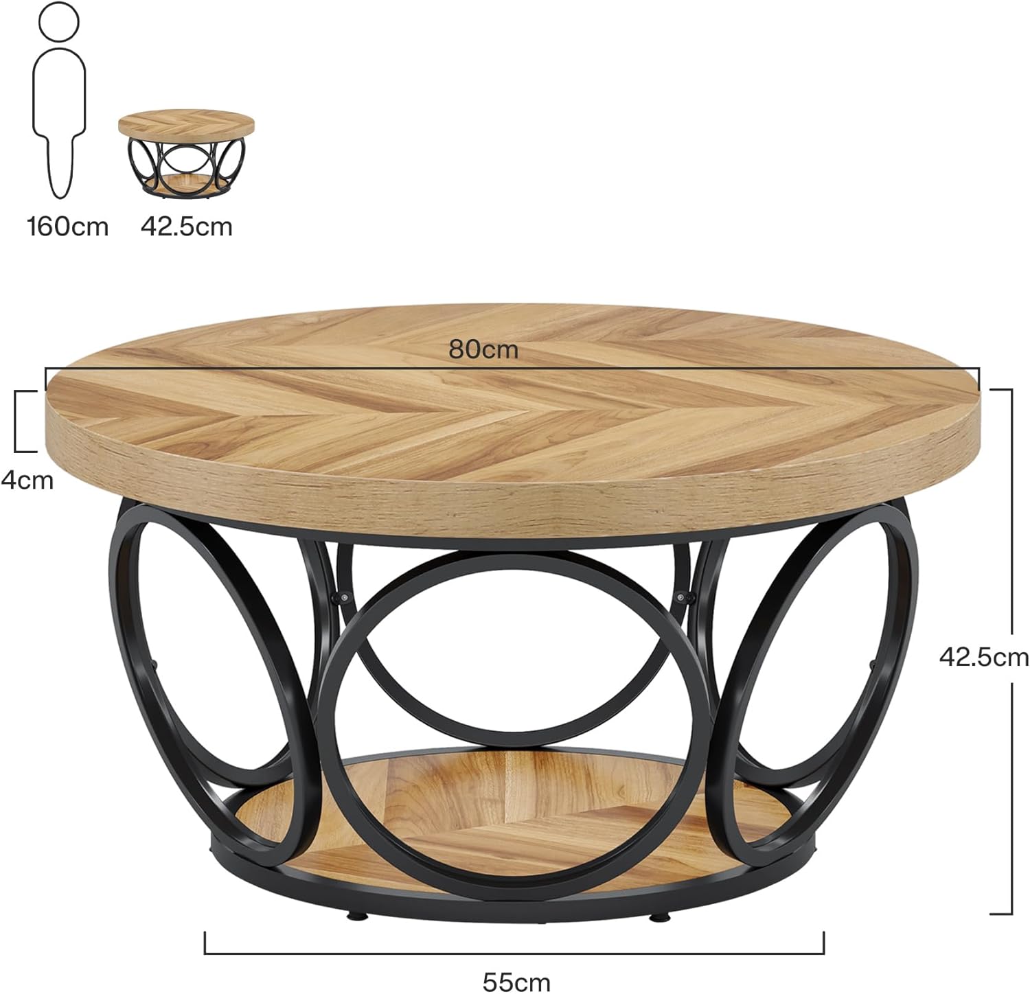 Okrągły stolik kawowy 2-poziomowy 80 cm z metalową ramą do salonu