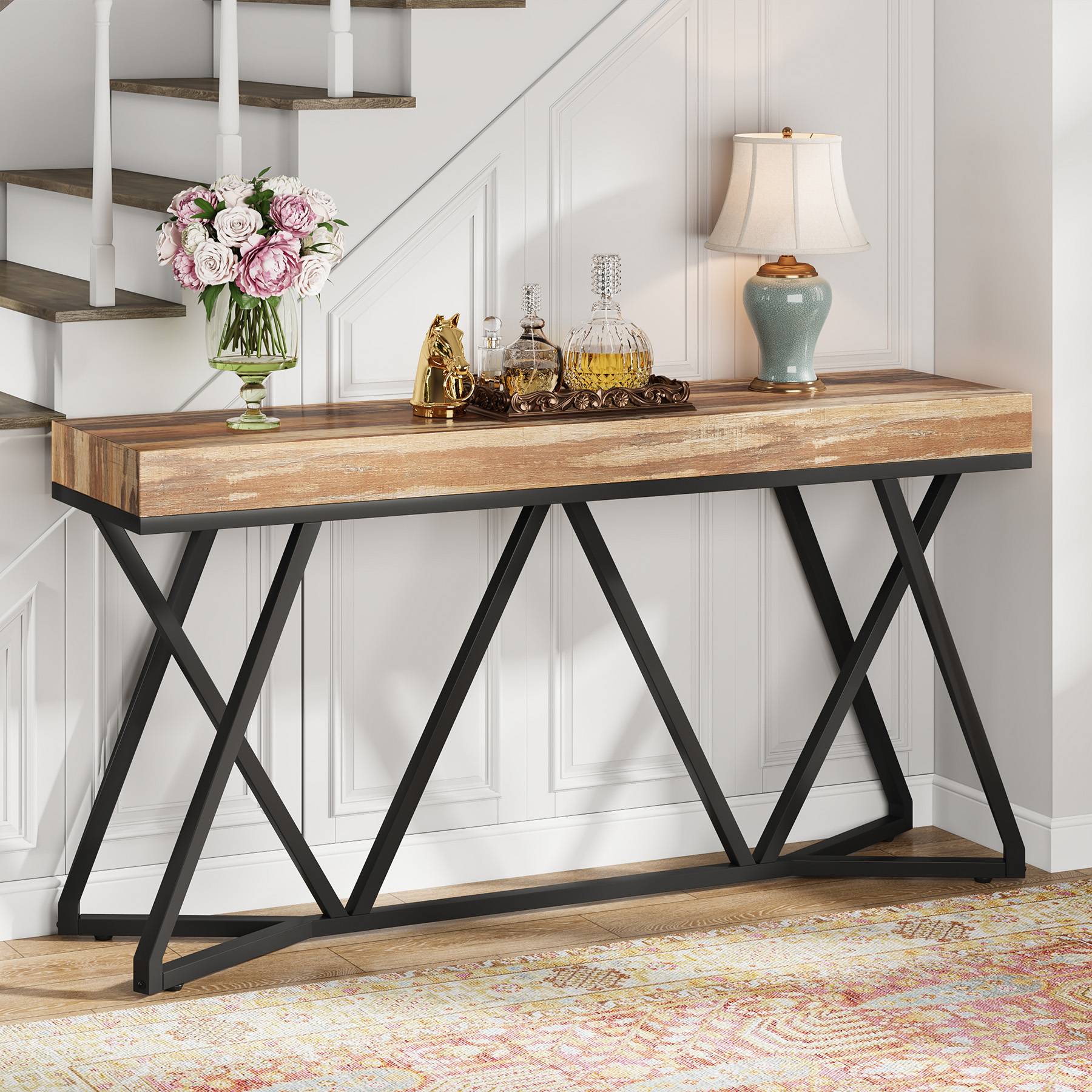 Stolik konsolowy 140 cm – stolik w stylu farmhouse do przedpokoju i salonu z unikalną metalową podstawą