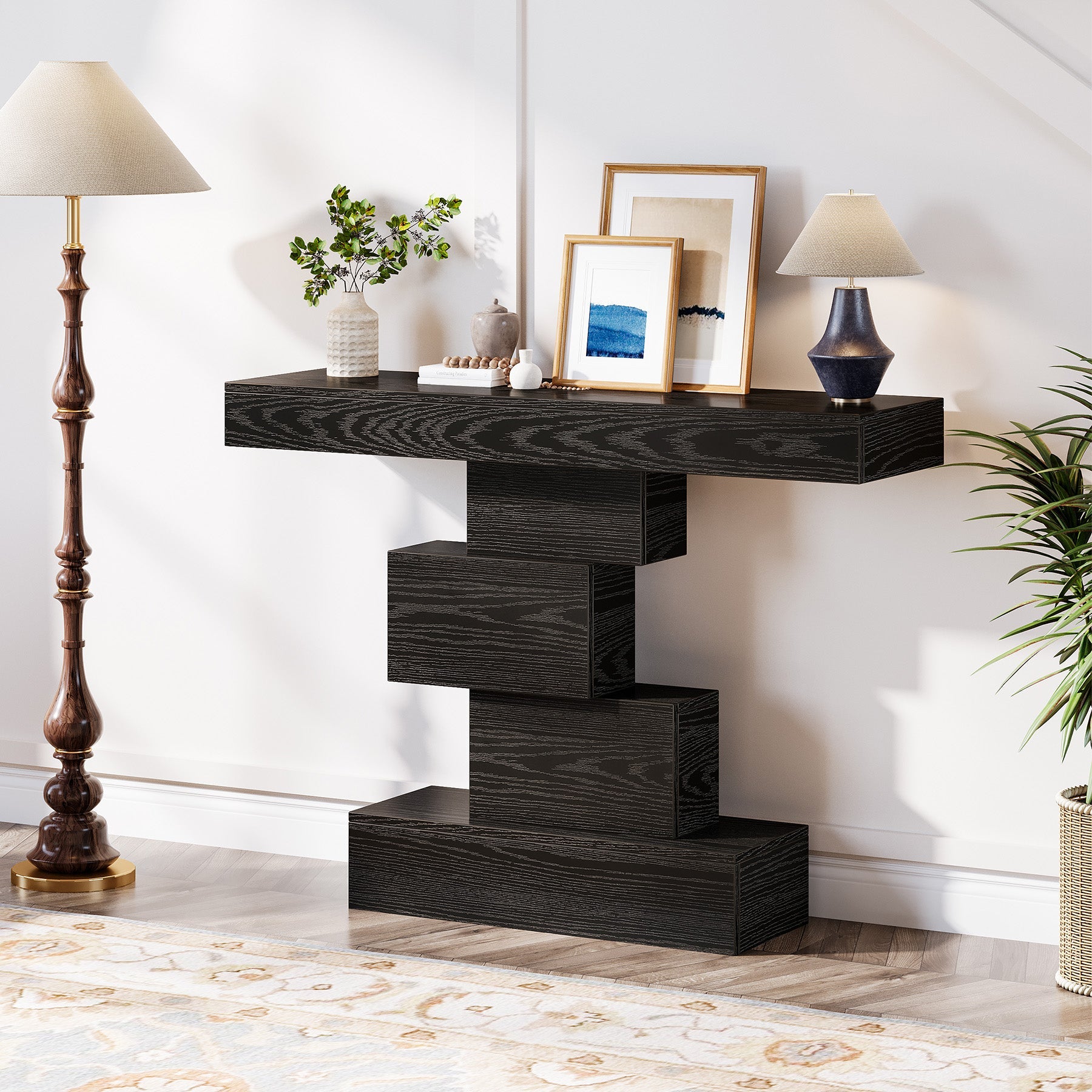Stolik konsolowy 108 cm – ozdobny stolik za sofę z geometryczną podstawą do przedpokoju