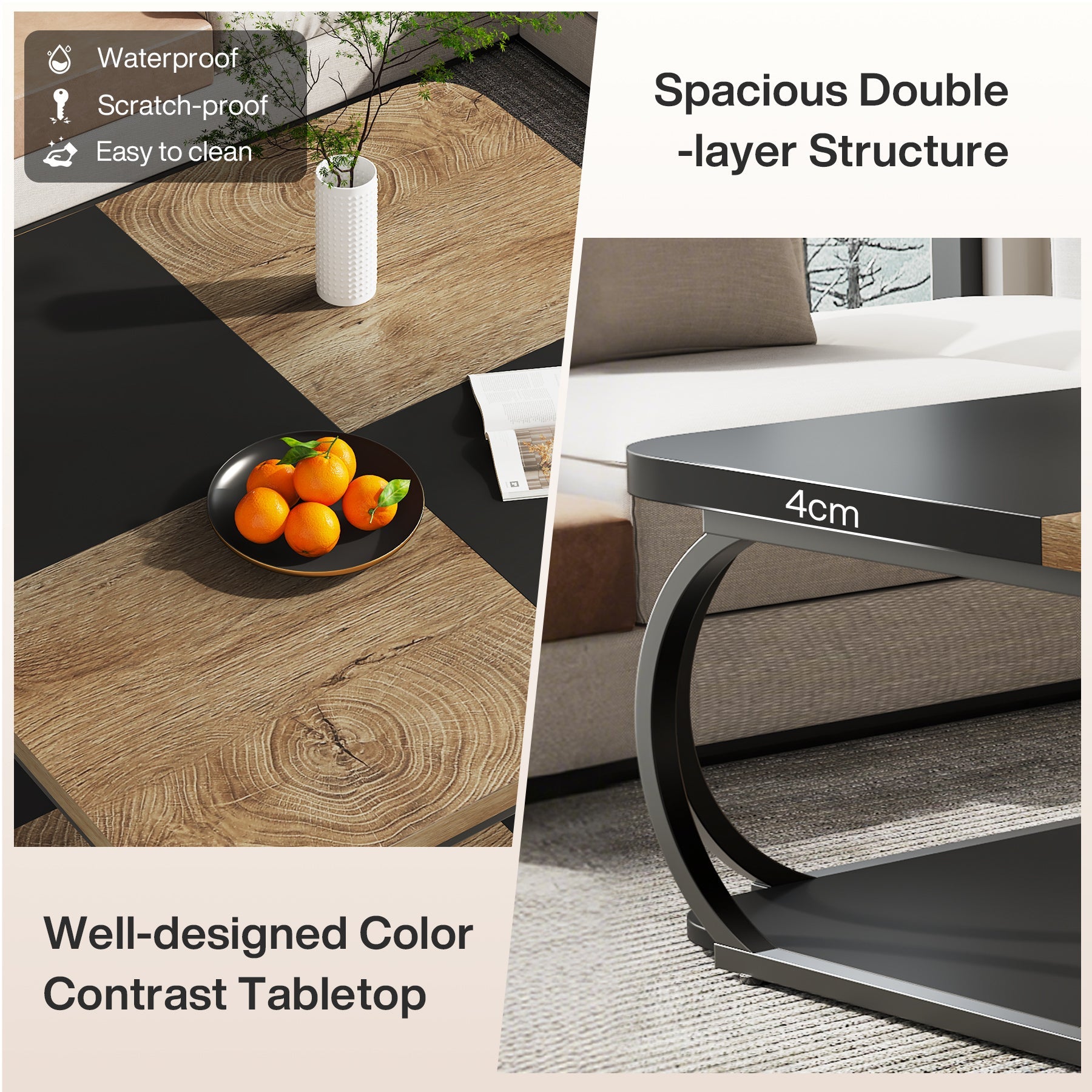 Kwadratowy stolik kawowy 100 x 100 x 50 cm – 2-poziomowy stolik centralny z półkami do salonu