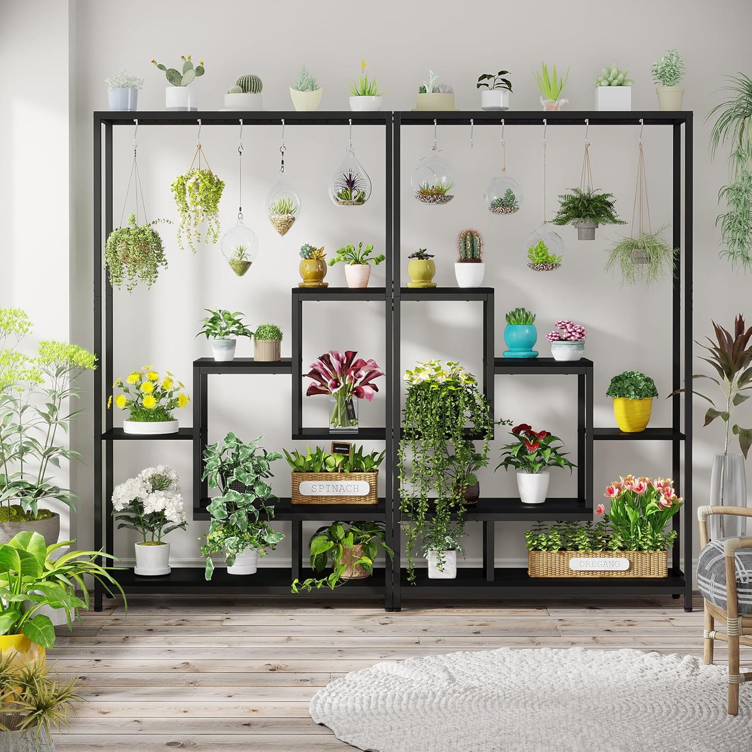 Stojak na rośliny 180 cm – 5-poziomowa półka na kwiaty i bonsai z haczykami w kształcie litery S do wnętrz