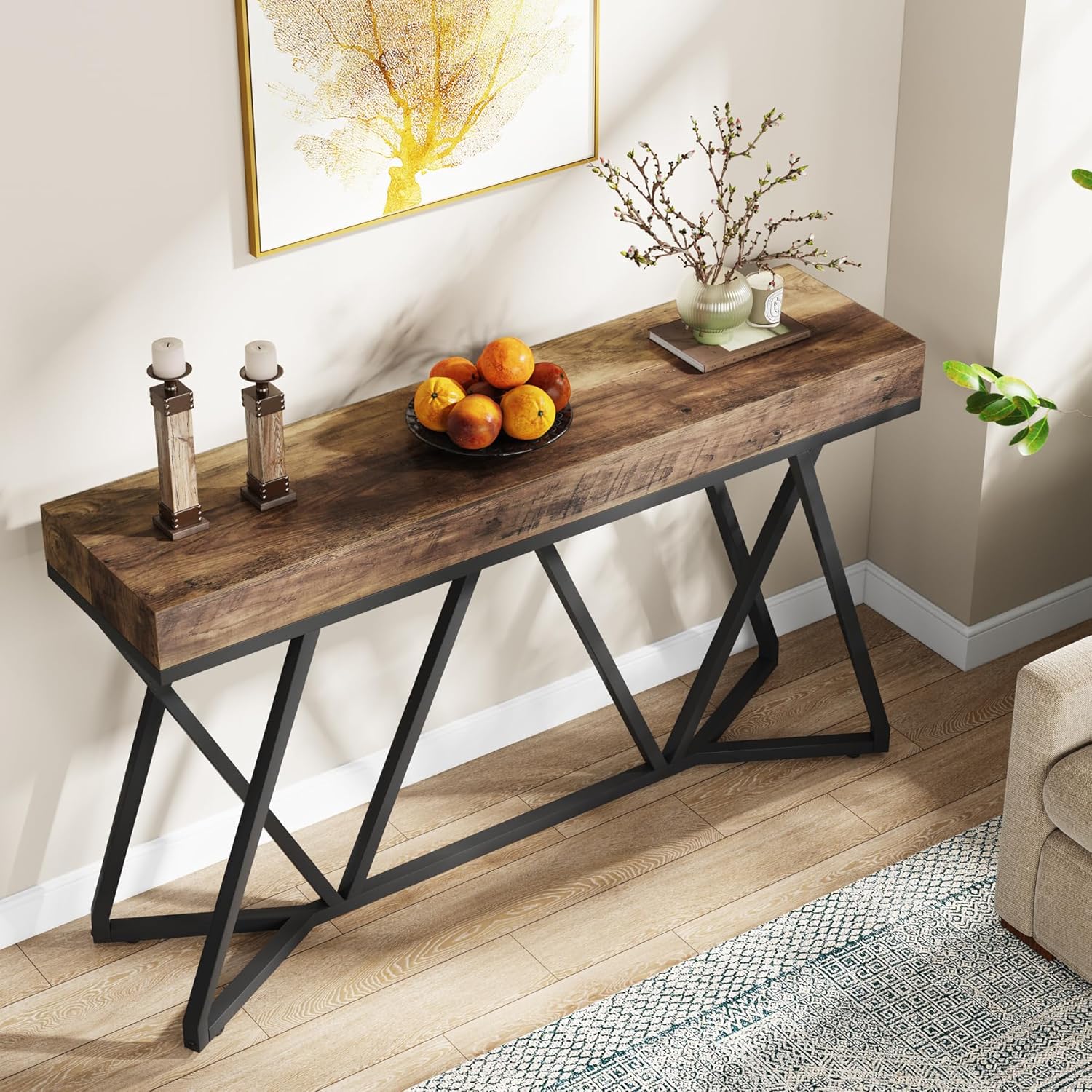 Stolik konsolowy 140 cm – stolik w stylu farmhouse do przedpokoju i salonu z unikalną metalową podstawą