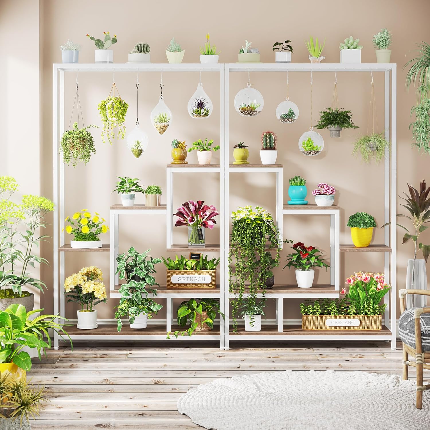 Stojak na rośliny 180 cm – 5-poziomowa półka na kwiaty i bonsai z haczykami w kształcie litery S do wnętrz
