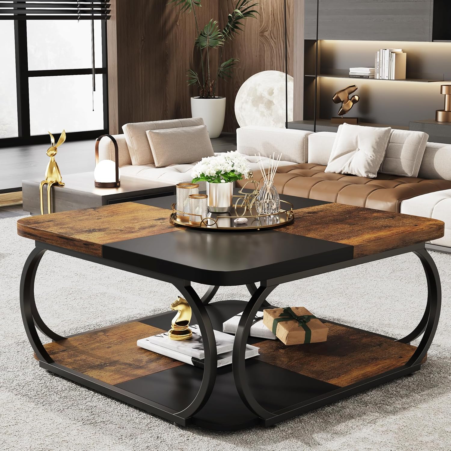 Kwadratowy stolik kawowy 100 x 100 x 50 cm – 2-poziomowy stolik centralny z półkami do salonu