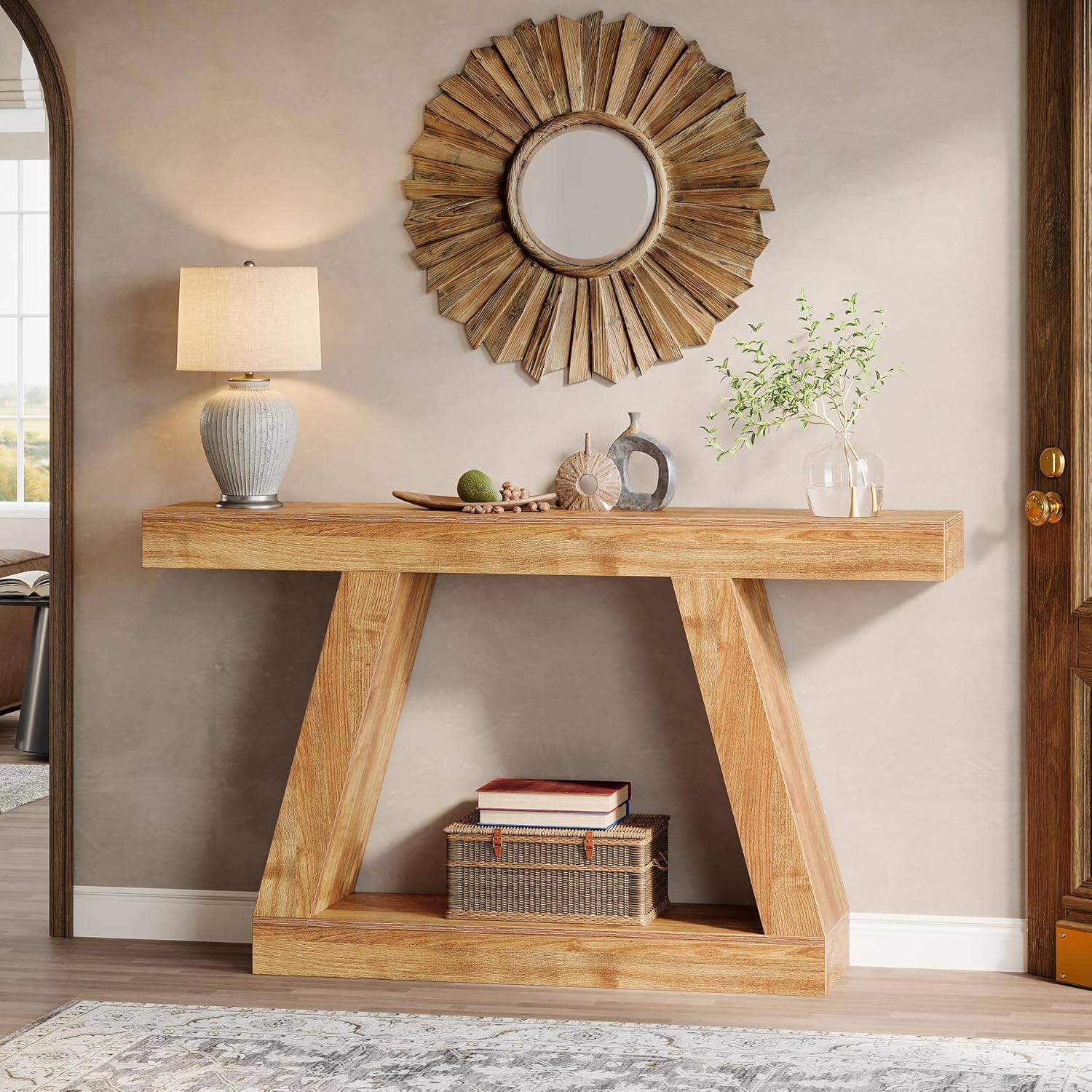 Stolik konsolowy 140 cm w stylu farmhouse – stolik za sofę z miejscem do przechowywania do przedpokoju i salonu