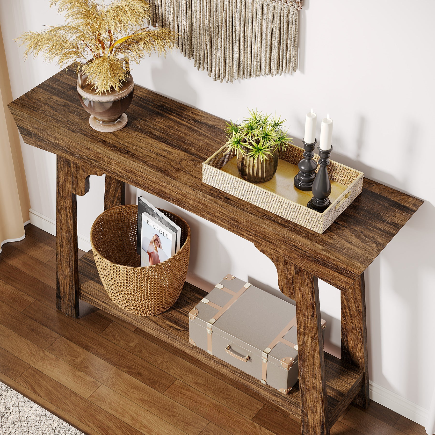 Stolik konsolowy 105 cm w stylu farmhouse z półką – 2-poziomowy, do przedpokoju i salonu