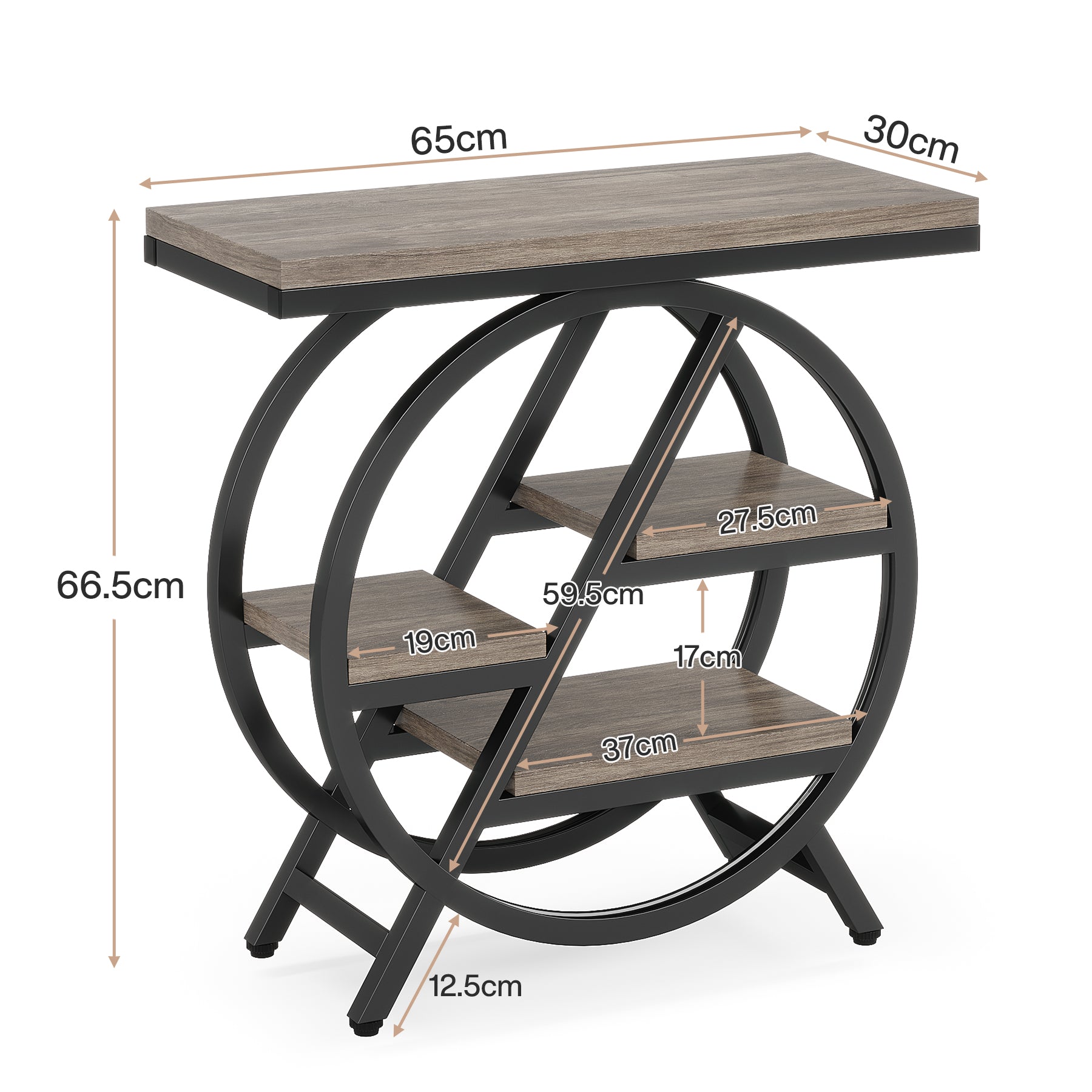 Wąski 4-poziomowy stolik pomocniczy z metalową ramą geometryczną, do salonu