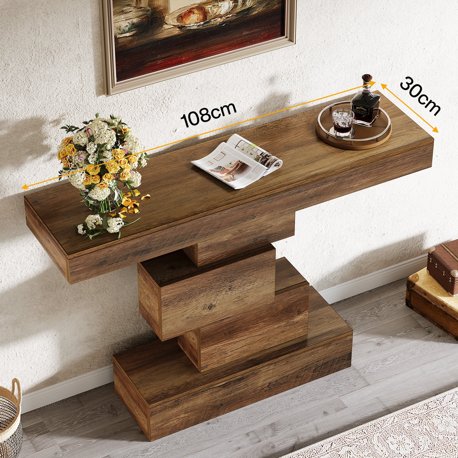 Stolik konsolowy 108 cm – ozdobny stolik za sofę z geometryczną podstawą do przedpokoju