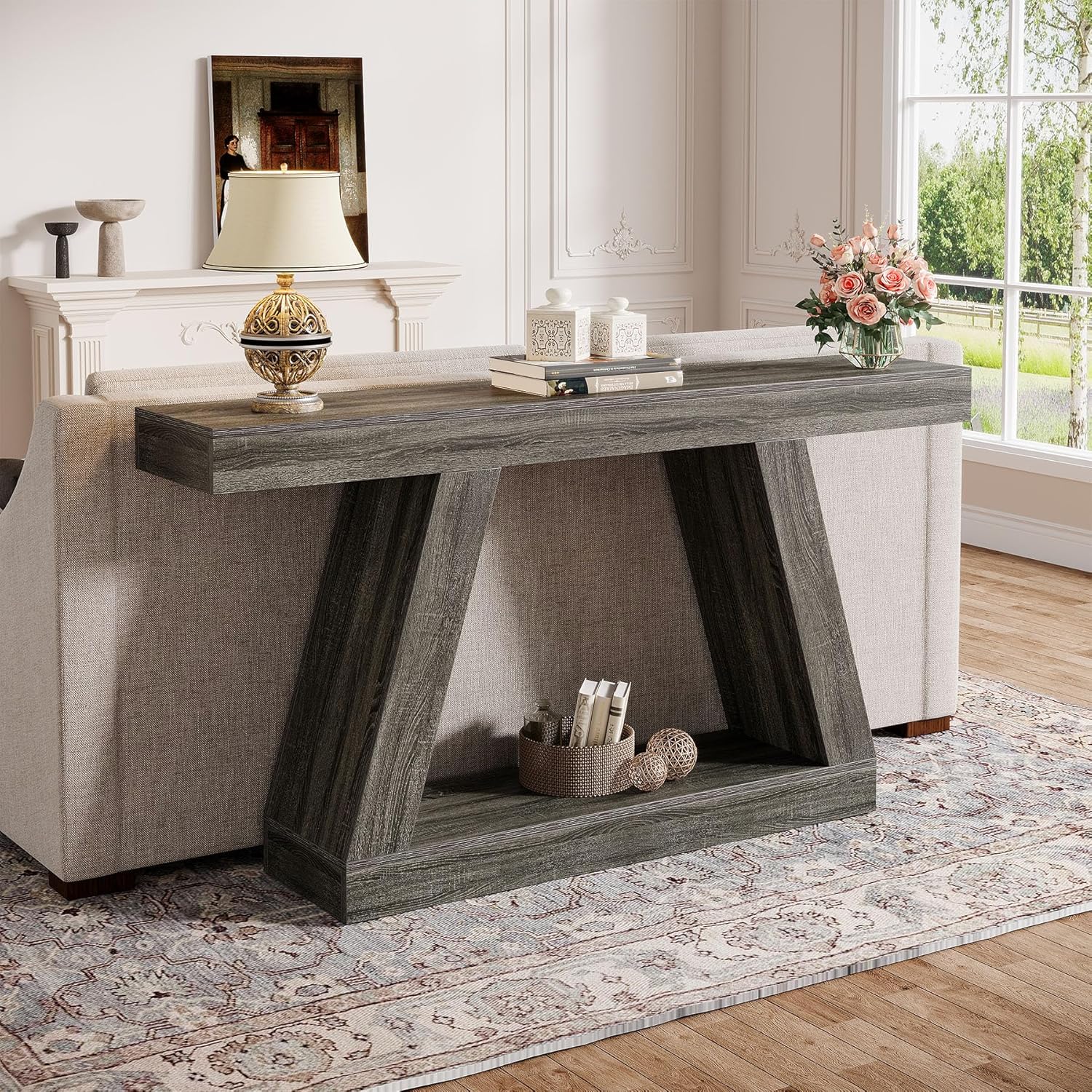 Stolik konsolowy 140 cm w stylu farmhouse – stolik za sofę z miejscem do przechowywania do przedpokoju i salonu