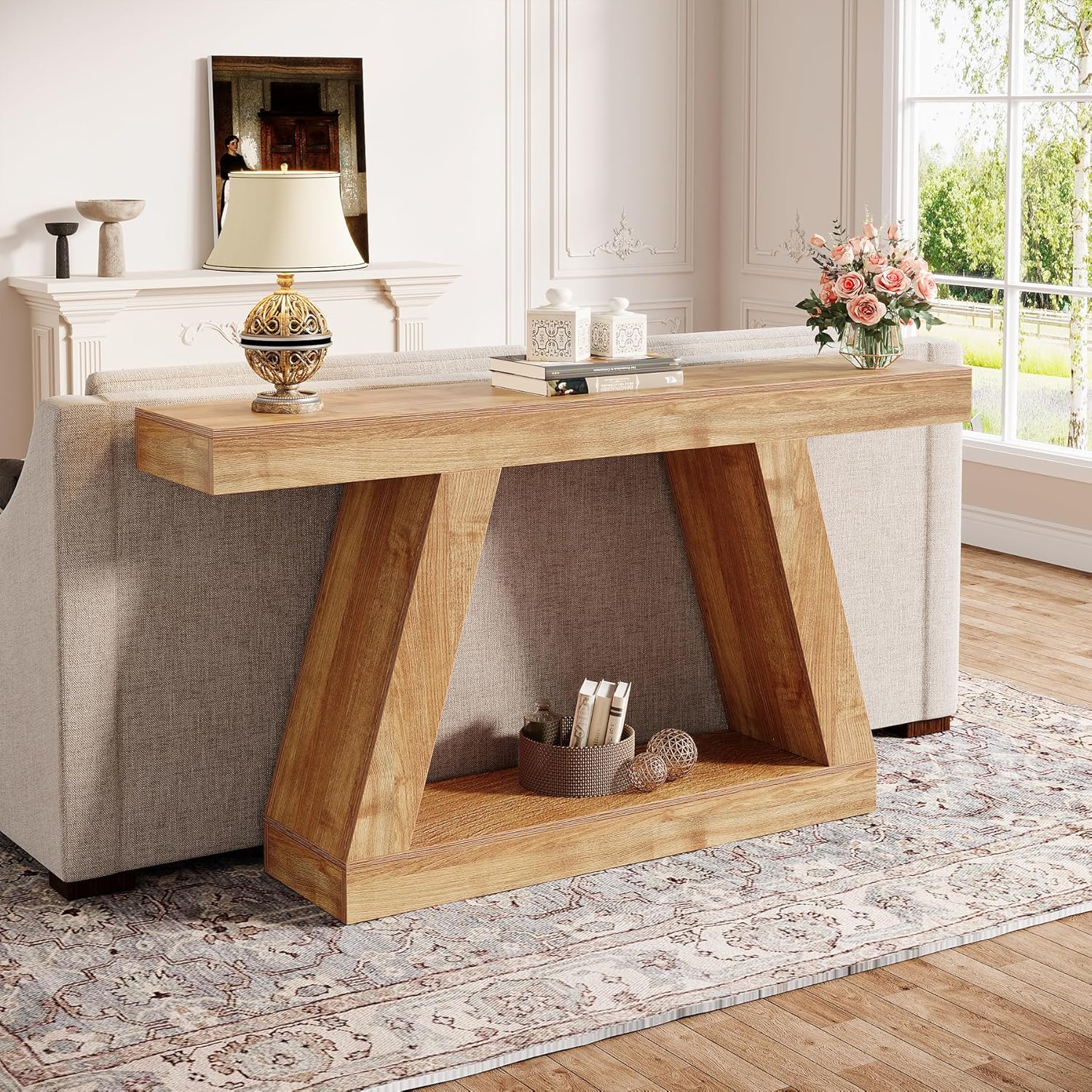Stolik konsolowy 140 cm w stylu farmhouse – stolik za sofę z miejscem do przechowywania do przedpokoju i salonu