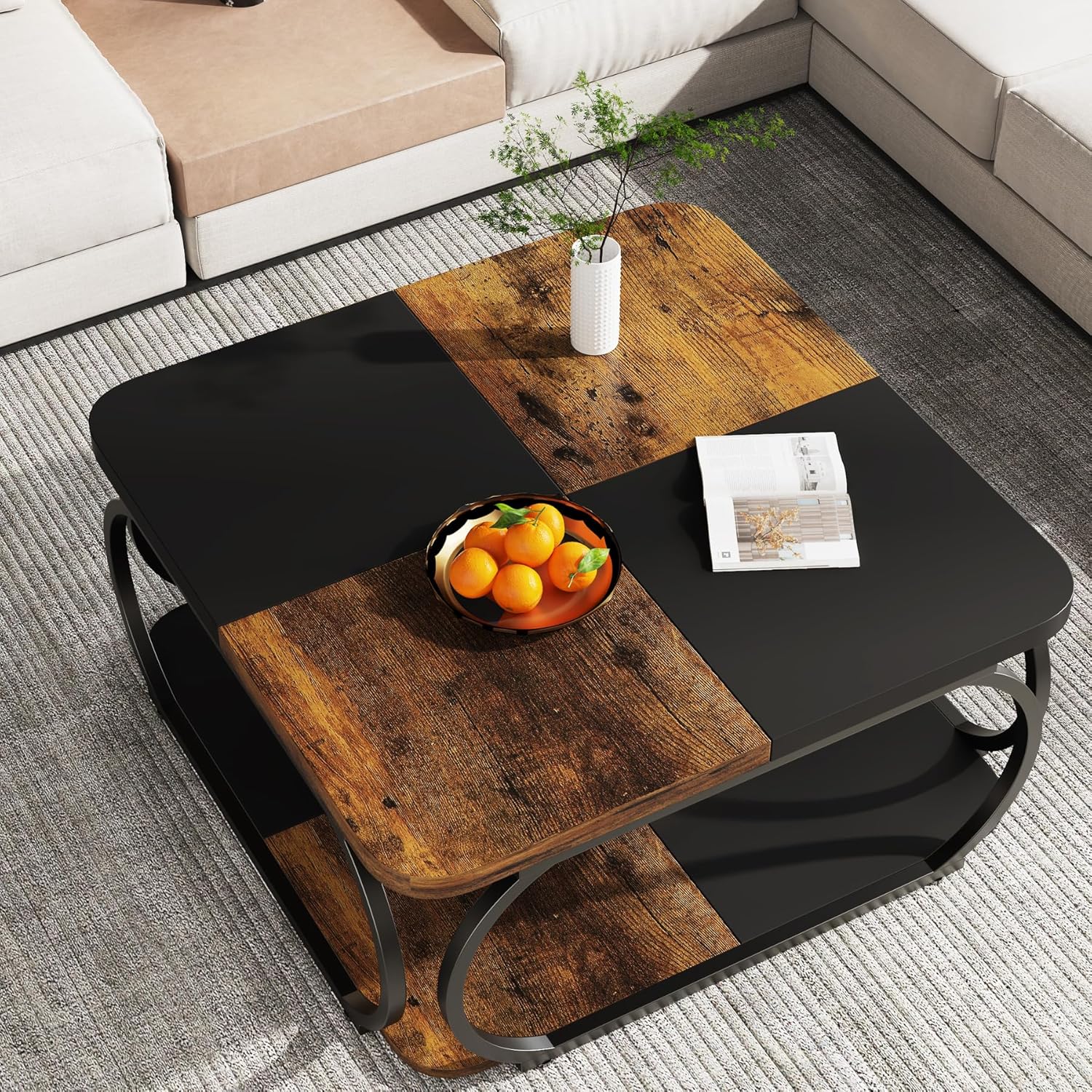 Kwadratowy stolik kawowy 100 x 100 x 50 cm – 2-poziomowy stolik centralny z półkami do salonu