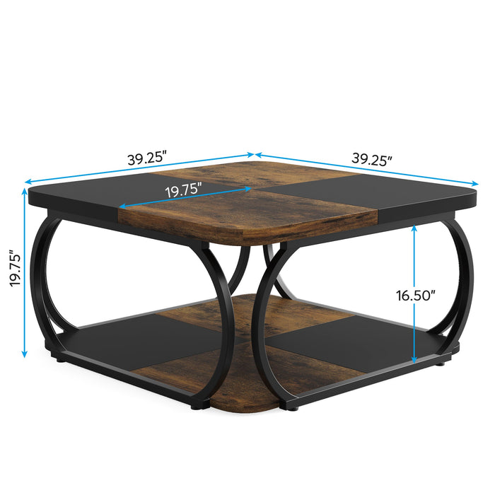 Kwadratowy stolik kawowy 100 x 100 x 50 cm – 2-poziomowy stolik centralny z półkami do salonu
