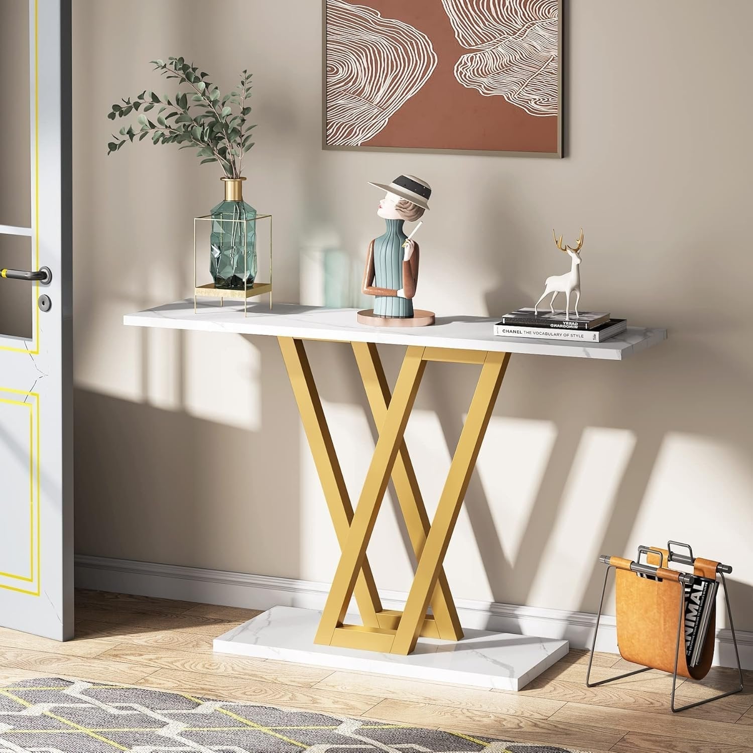 Stolik konsolowy 110 cm – wąski stolik do przedpokoju z metalową ramą do salonu i przedpokoju