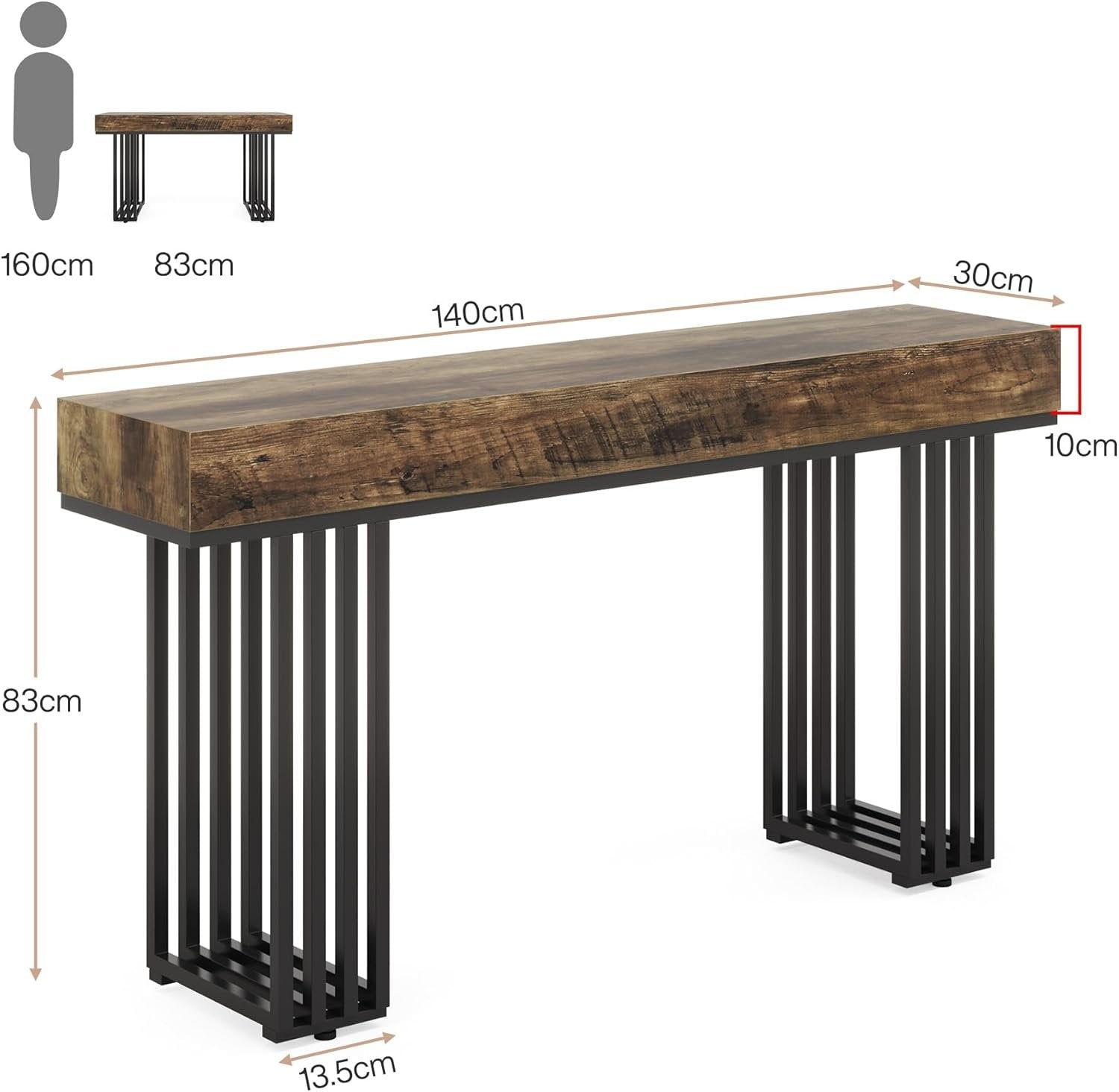 Stolik konsolowy 140 cm w stylu industrialnym – stolik do przedpokoju z metalowymi nogami do salonu