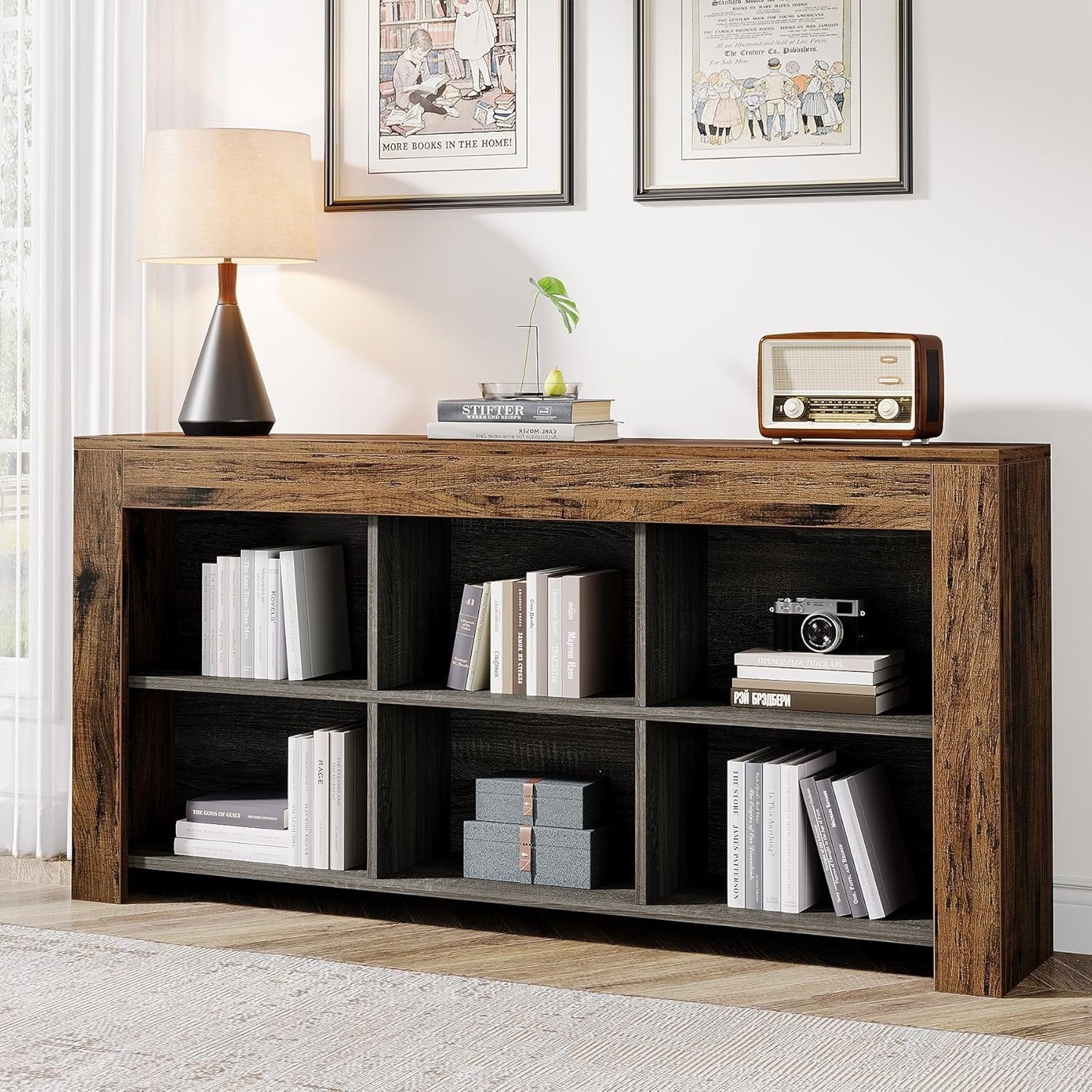 Stolik konsolowy 160 cm w stylu industrialnym z 6 przegródkami – do przedpokoju i salonu