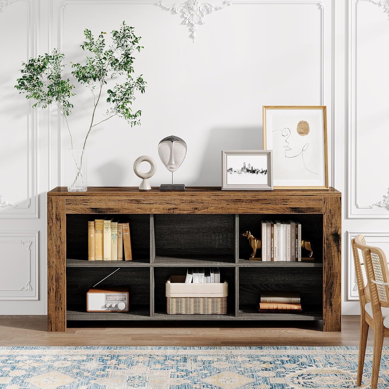 Stolik konsolowy 160 cm w stylu industrialnym z 6 przegródkami – do przedpokoju i salonu