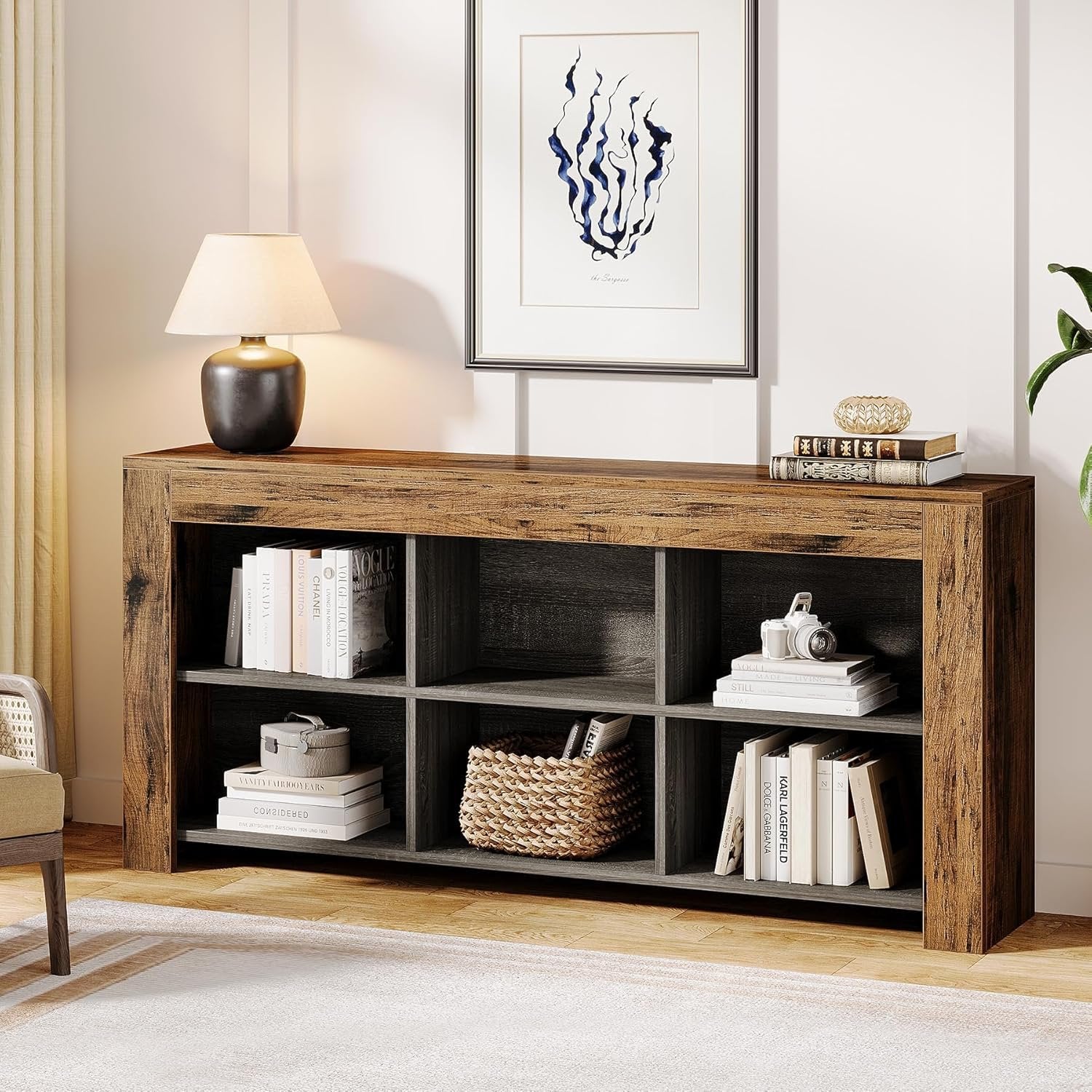 Stolik konsolowy 160 cm w stylu industrialnym z 6 przegródkami – do przedpokoju i salonu