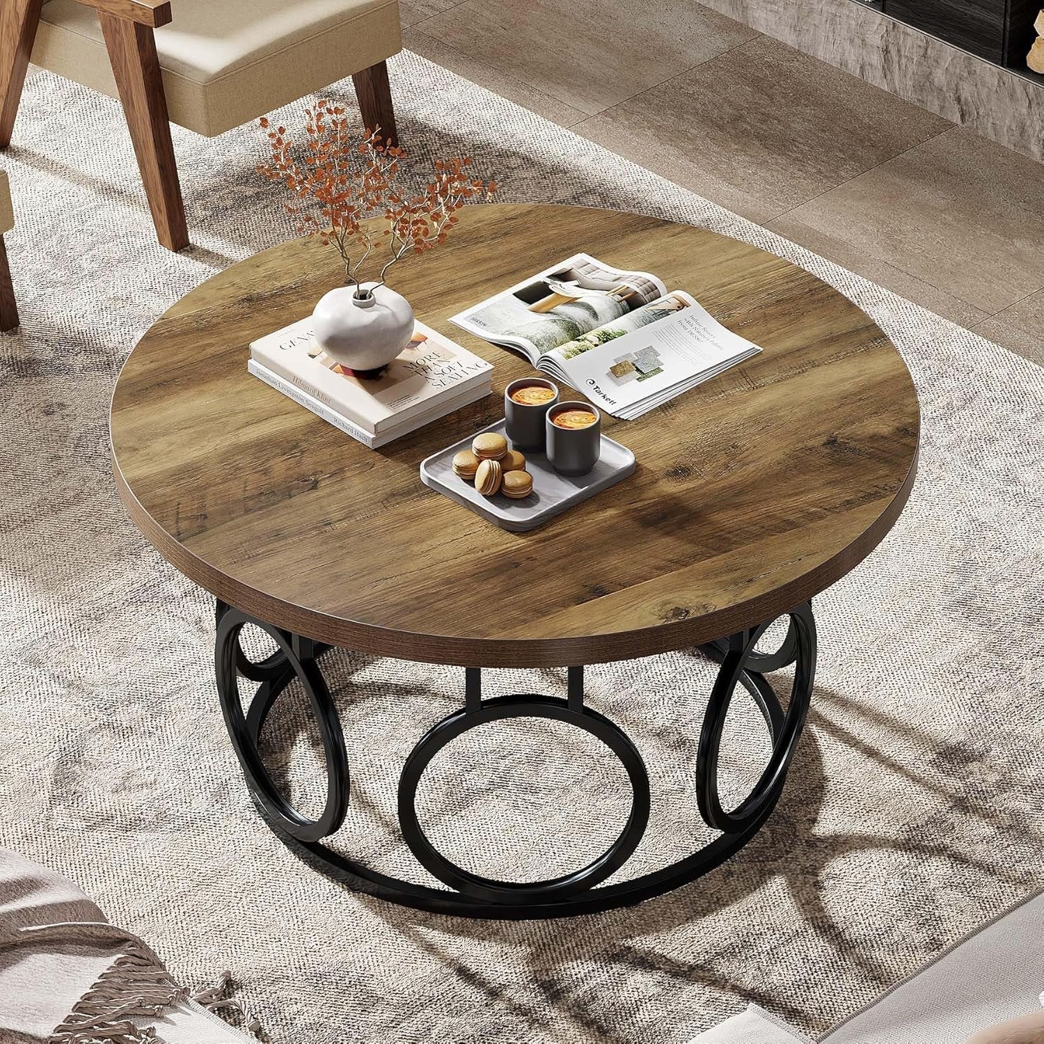 Okrągły stolik kawowy 80 x 80 x 45 cm – stolik centralny z metalową podstawą do salonu