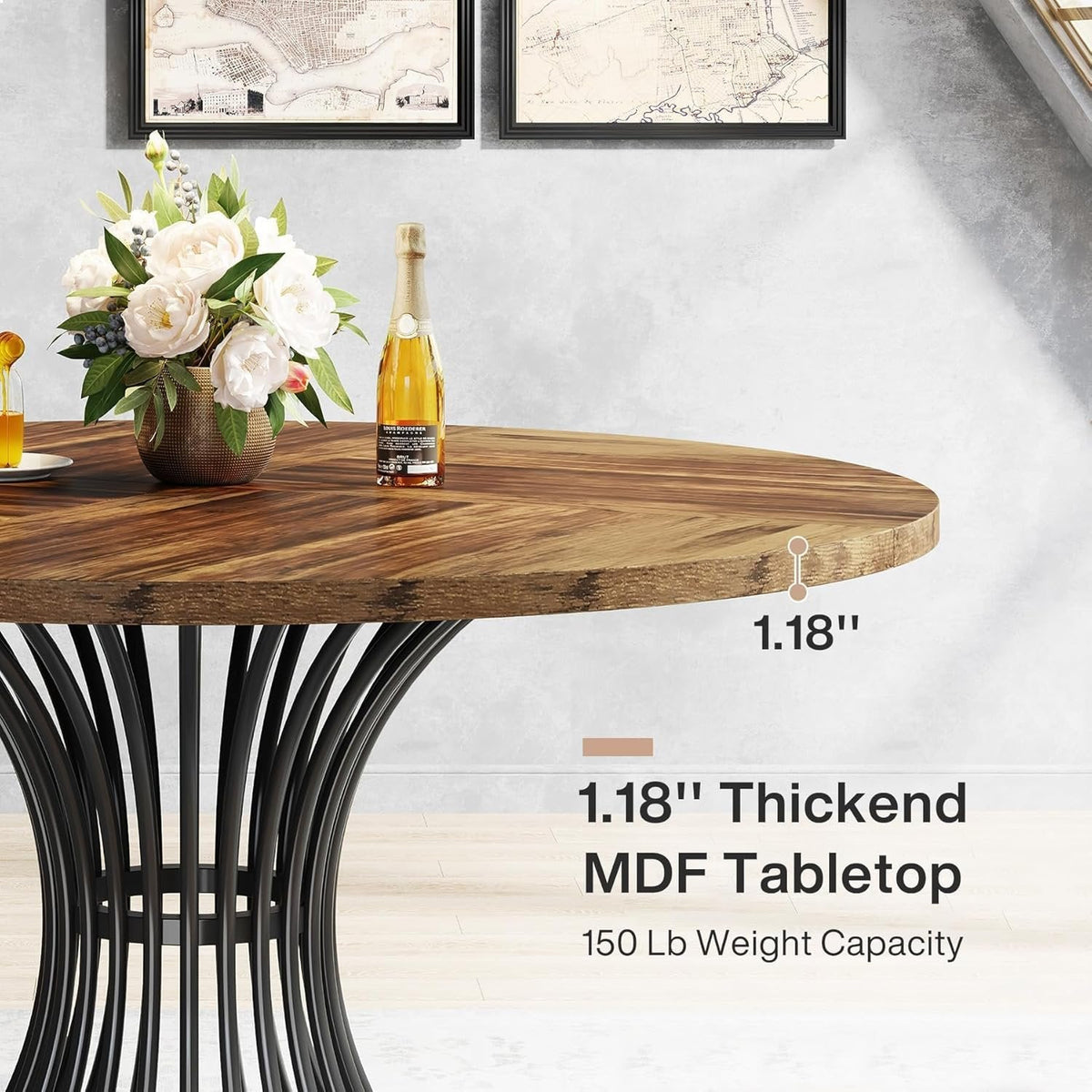 Okrągły stół jadalny 119 cm dla 4–6 osób – stół kuchenny w stylu farmhouse z metalową ramą