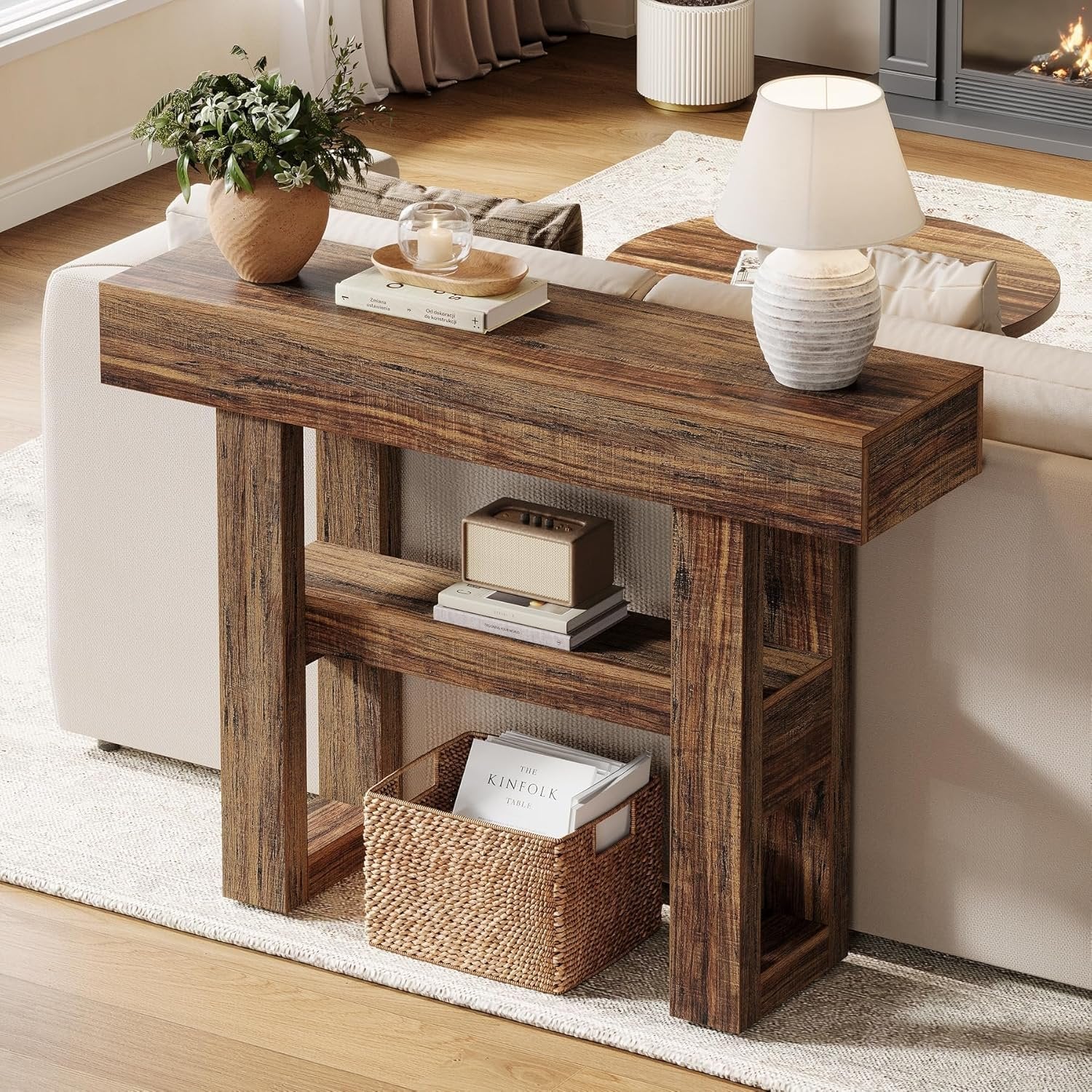 Stolik konsolowy 105 cm w stylu farmhouse – 2-poziomowy stolik za sofę do przedpokoju i salonu