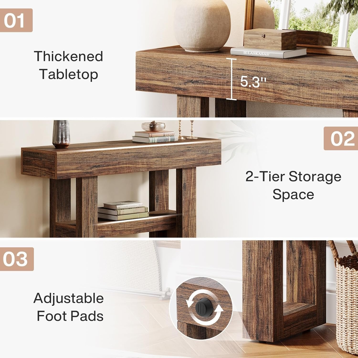 Stolik konsolowy 105 cm w stylu farmhouse – 2-poziomowy stolik za sofę do przedpokoju i salonu