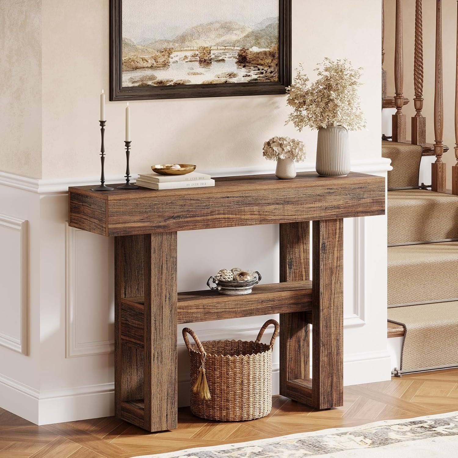 Stolik konsolowy 105 cm w stylu farmhouse – 2-poziomowy stolik za sofę do przedpokoju i salonu