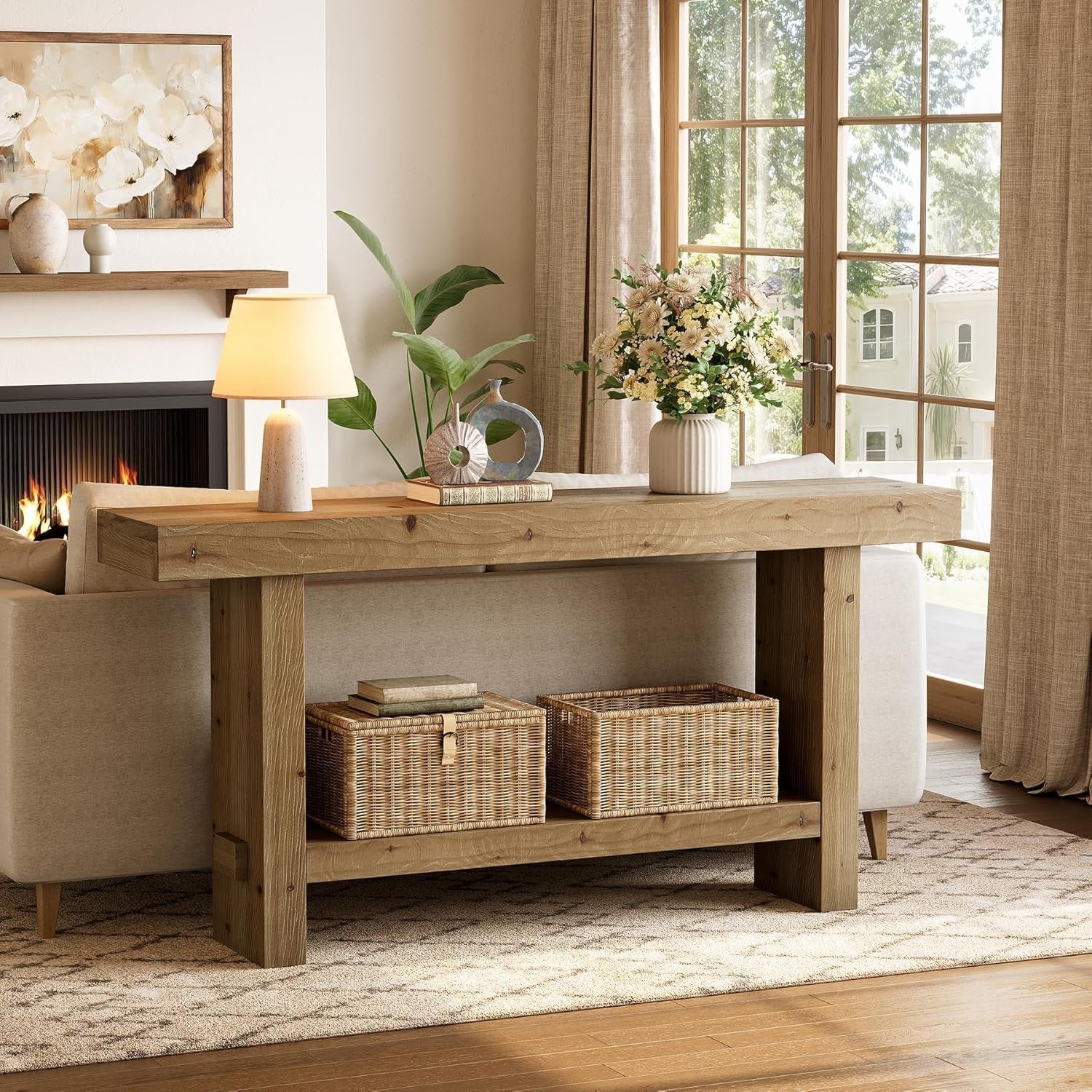 Stolik konsolowy z litego drewna 160 cm – 2-poziomowy, wąski stolik do przedpokoju