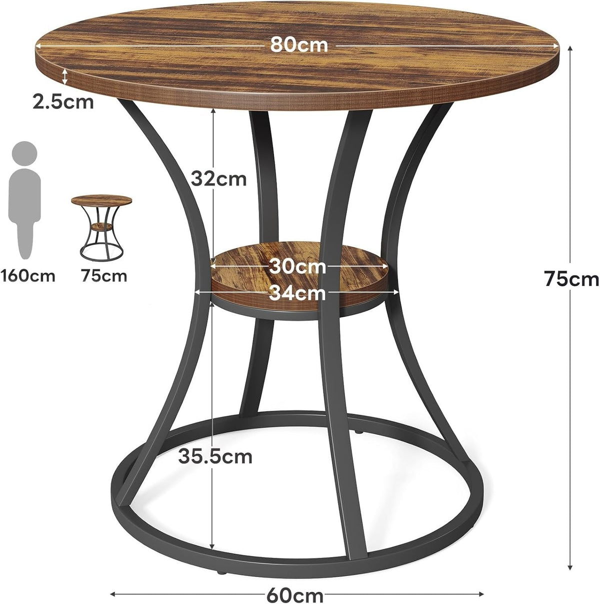 Okrągły stół jadalny 80 cm dla 2–4 osób – z miejscem do przechowywania i geometryczną ramą