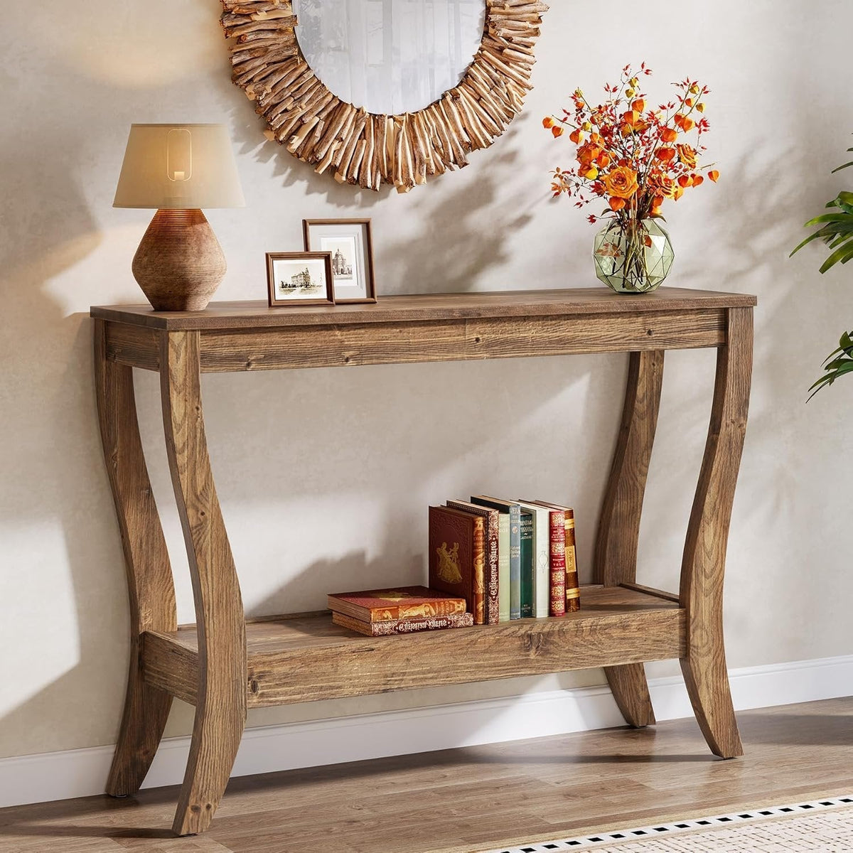 Stolik konsolowy z litego drewna 105 cm – stolik do przedpokoju w stylu farmhouse z półkami