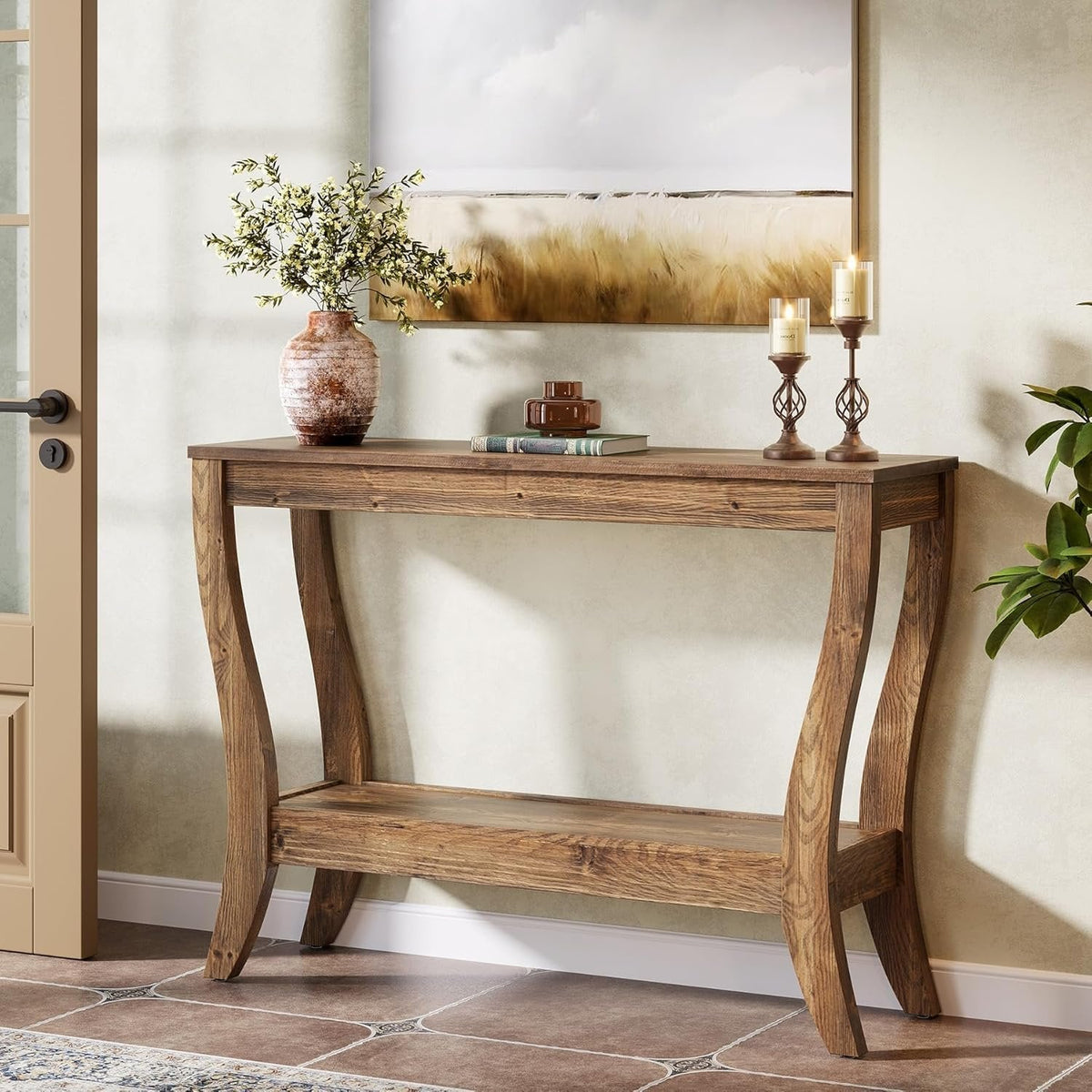 Stolik konsolowy z litego drewna 105 cm – stolik do przedpokoju w stylu farmhouse z półkami