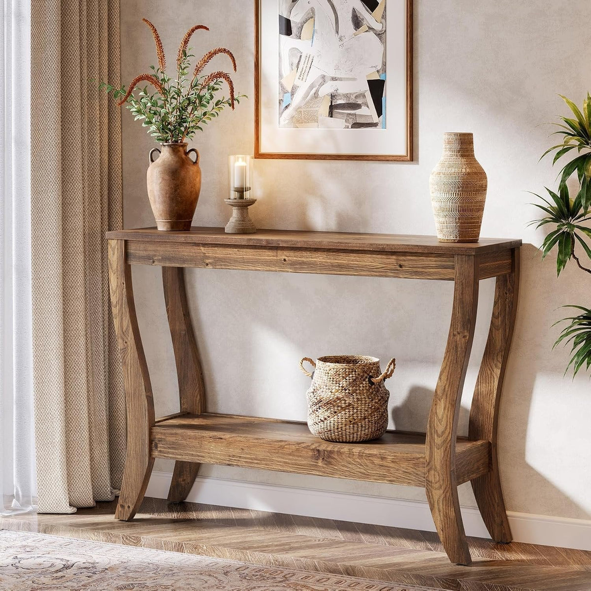 Stolik konsolowy z litego drewna 105 cm – stolik do przedpokoju w stylu farmhouse z półkami