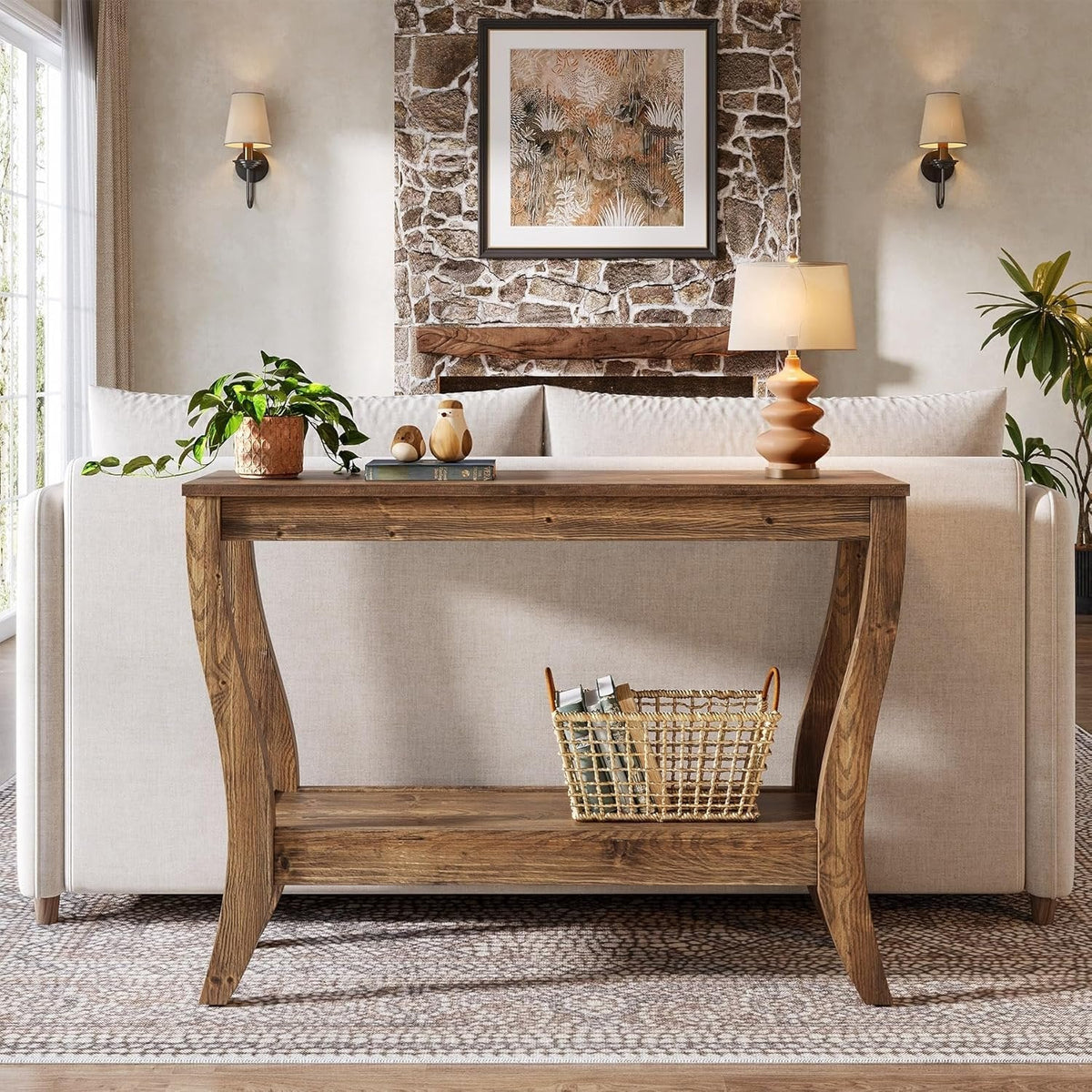 Stolik konsolowy z litego drewna 105 cm – stolik do przedpokoju w stylu farmhouse z półkami
